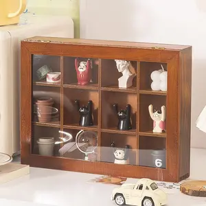Vintage Multi-Compartment Decorative Collectible Wooden Display Box Organiser, Decor Organizer, Real Wood Showcase Cabinet, Small Figurine Badge Doll Dustproof Storage Ornament, Storage Boxes