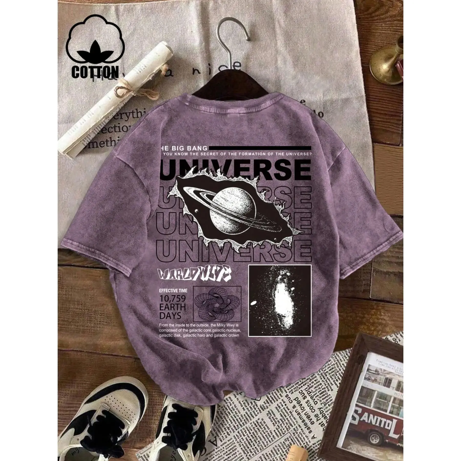 Women's Short-Sleeve Cotton Graphic T-Shirt - Cosmic Theme, American Vintage Style, Fitted Cut, H-Type Silhouette, All-Seasons Casual Wear, Machine Washable, Short Length