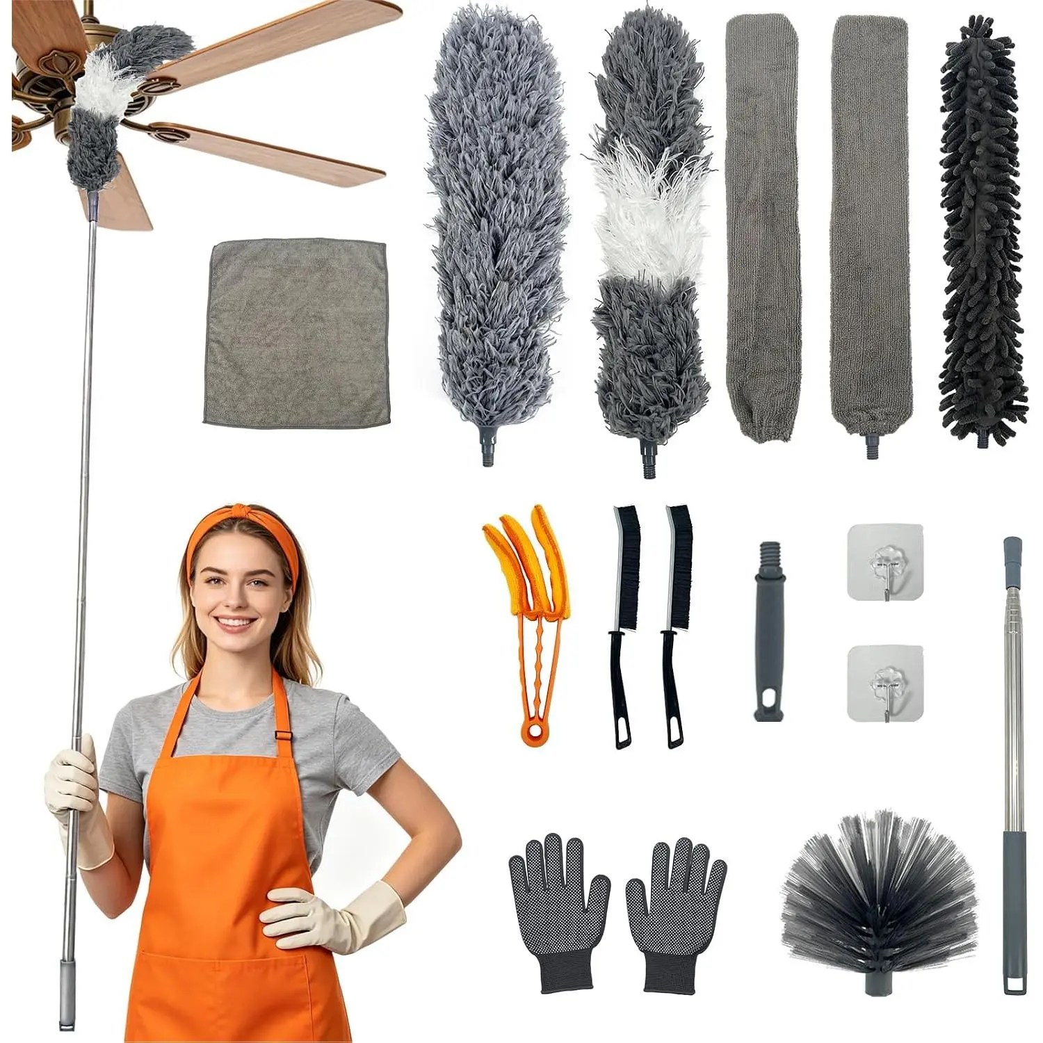 15 count  Dusters for Cleaning, Microfiber Duster with Extension Pole 100in, Extendable Duster for High Ceilings, Ceiling Fans, Baseboards, Blinds,  Interior - Washable  Dusting Tools