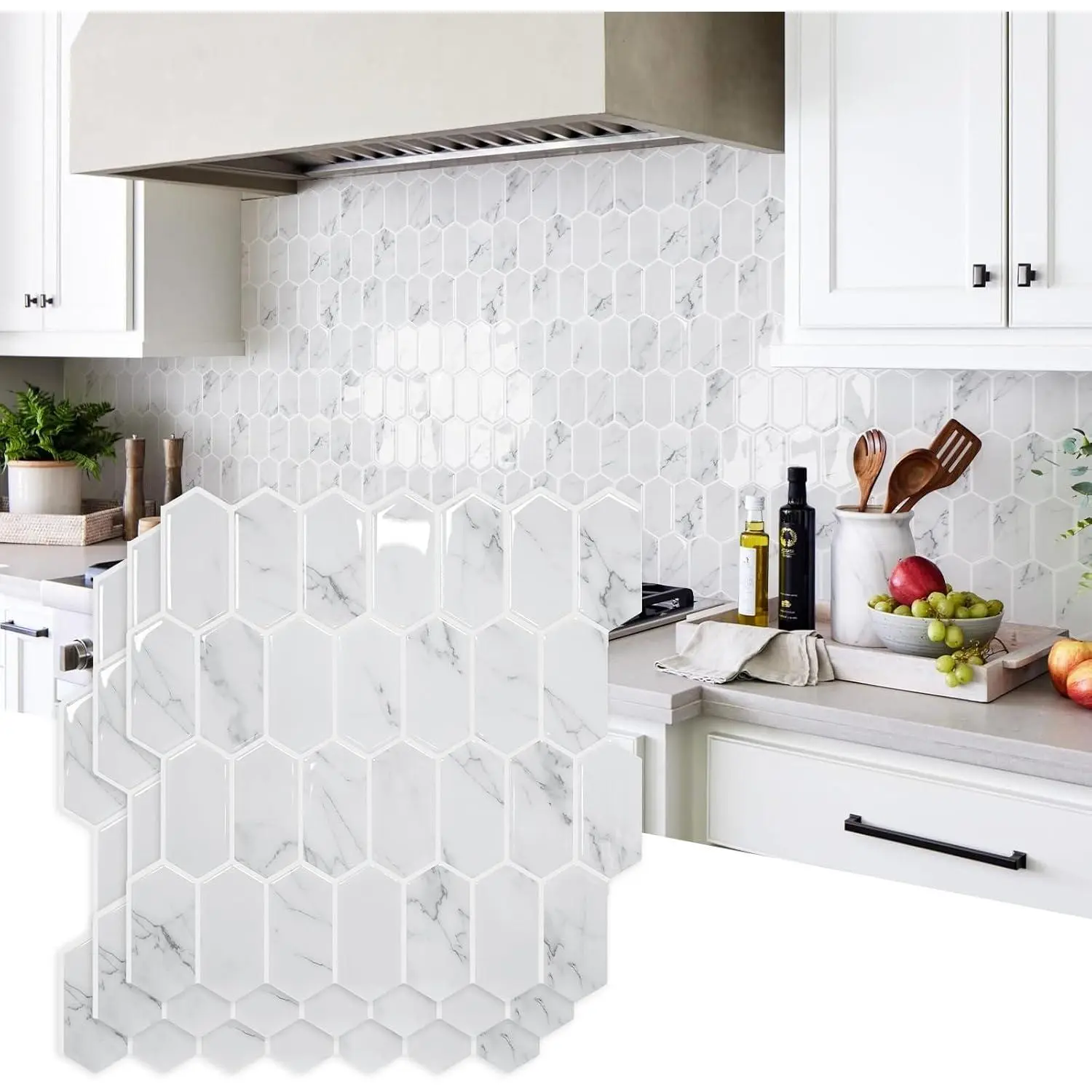 Upgraded Thicker Design Backsplash  Peel and Stick, 10-Sheet Grey Marble Long Hexagon Self Adhesive Wall s Stick  Backsplash for Kitchen Bathroom RV Fireplace