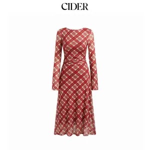 Cider Mesh Plaid Boat Neck Long Sleeve Ruched Knotted Ruffle Maxi Dress