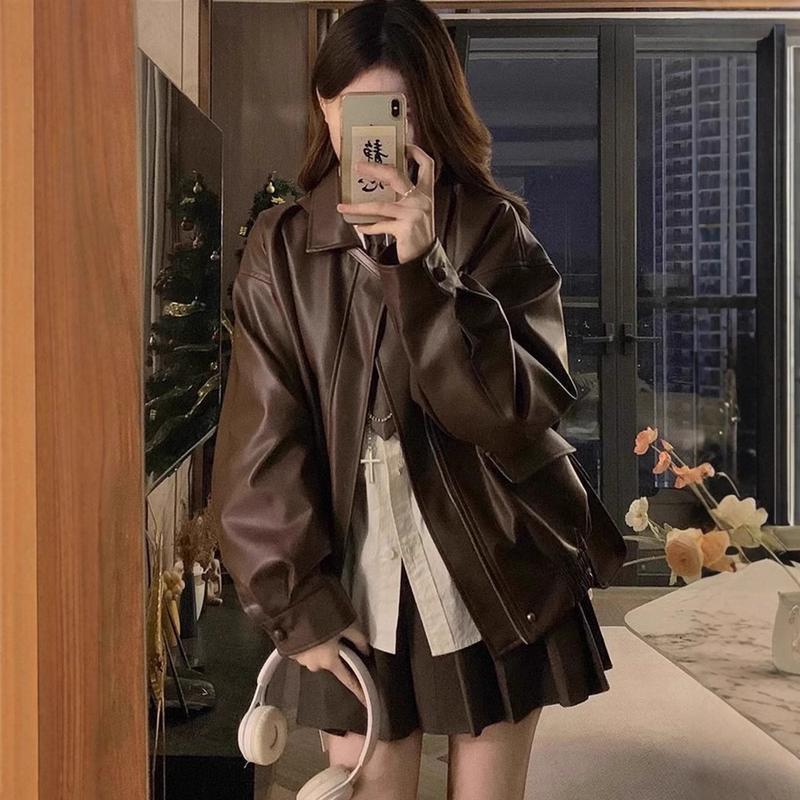 Maillard brown motorcycle leather jacket women 2026 new spring and autumn American retro windproof  jacket coat tide