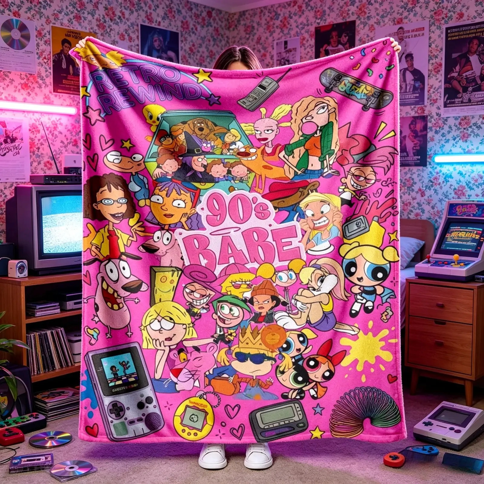 Nostalgic Retro Cartoon Style Flannel Throw Blanket Vintage  90s  Comic Art Print Soft Cozy Lightweight Fleece Blanket Kids Adults Air Conditioning Blanket for Sofa Living Room Bedroom Travel Home Decor Gift