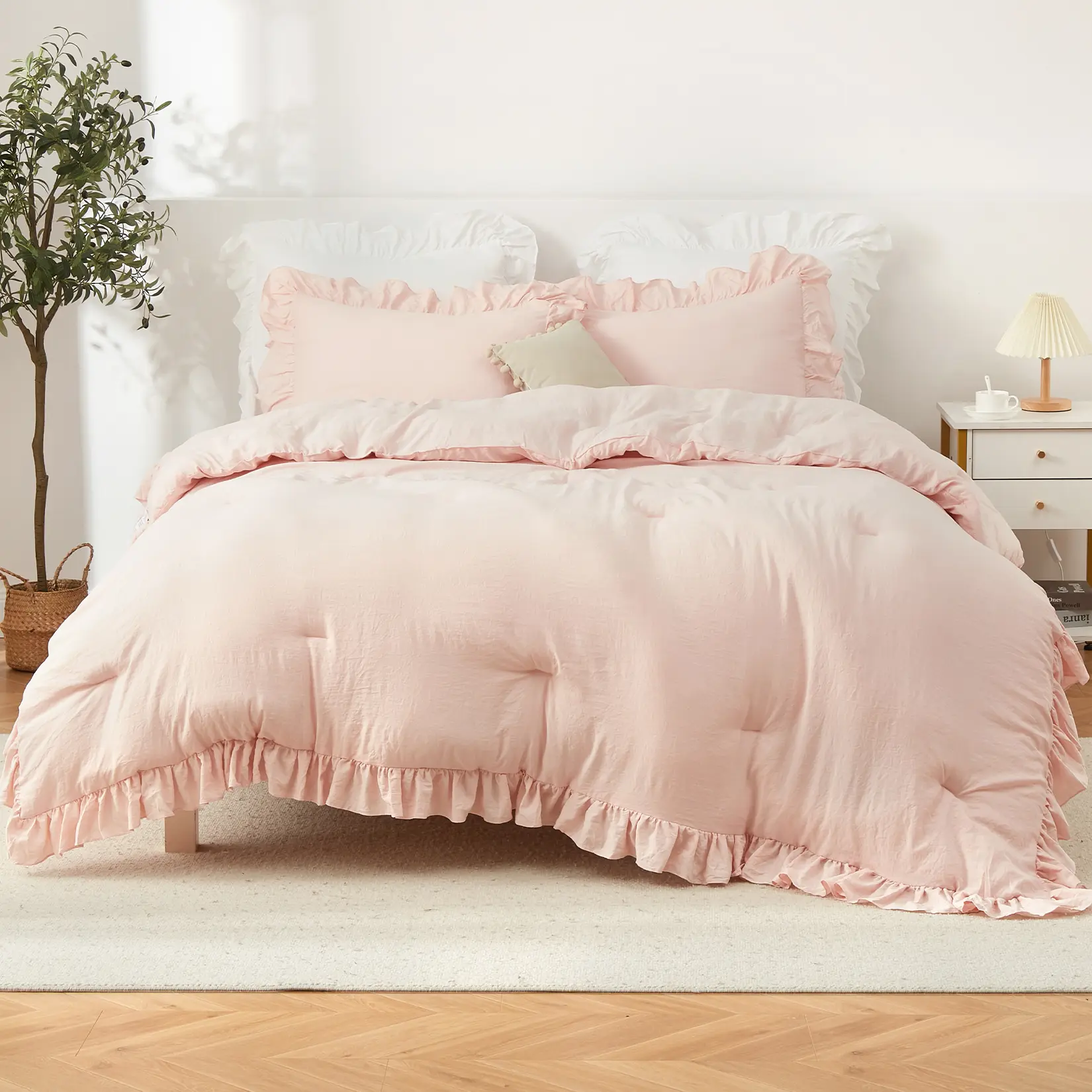 Pink Ruffle Washed Microfiber 3-Piece Bedspread Set - 104x90 in Cottagecore Dreamy Fairytale Style Farmhouse Quilt with 2 Pillow Shams, French Country Rustic Farmhouse Chic Bedroom Decor