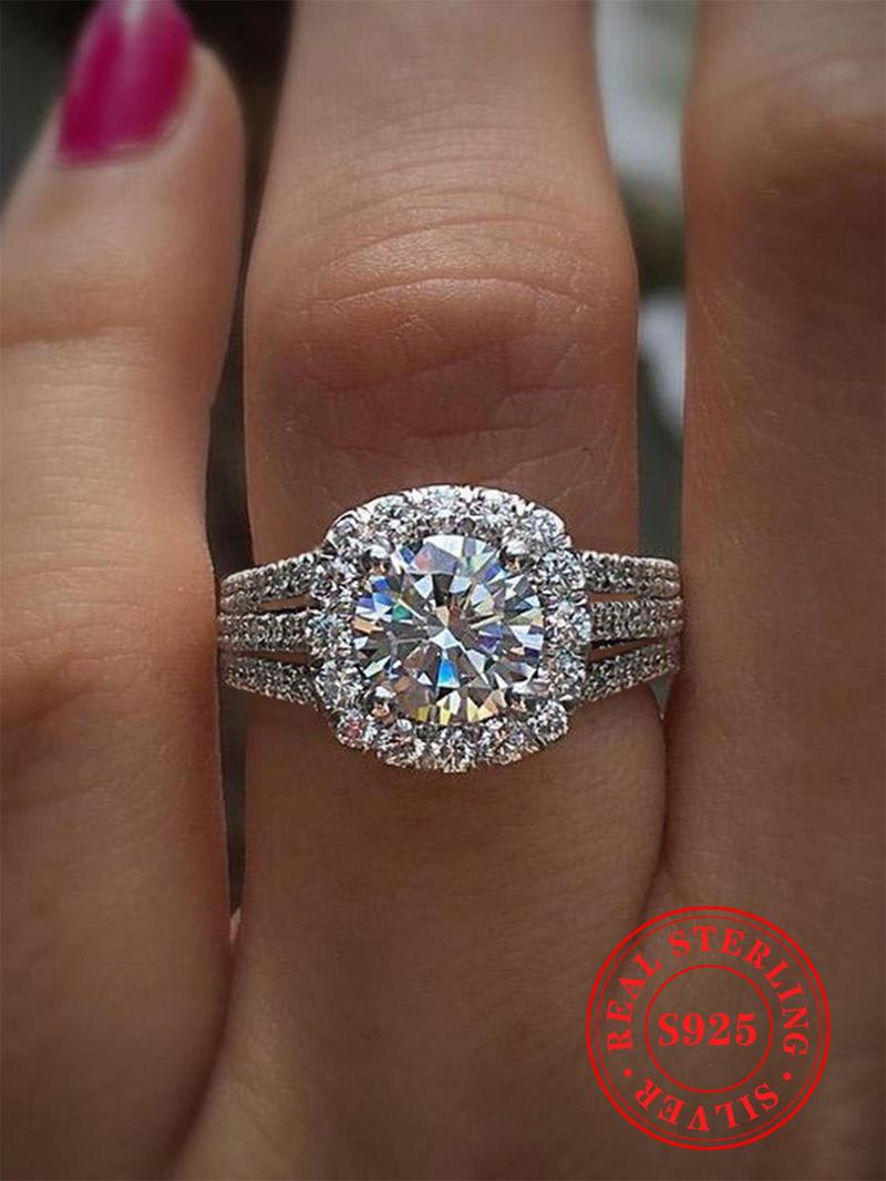 S925 Sterling Silver Luxury Gorgeous Square Shaped Rhinestone Decor Multi Cut Cluster Ring with Box, Elegant Exquisite Jewelry for Women for Summer Party & Daily Wear