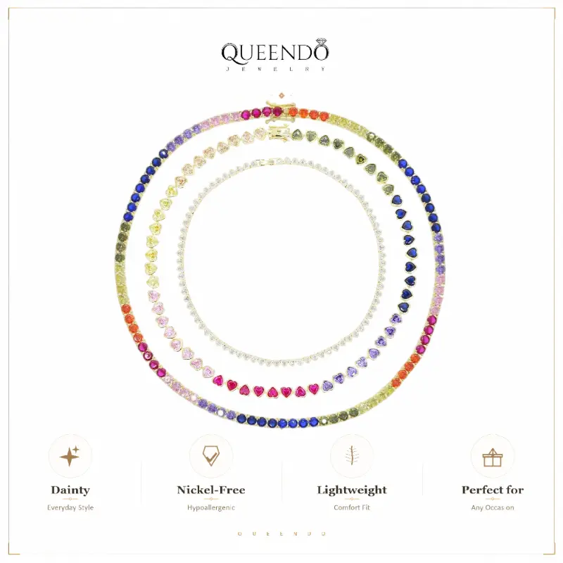 QUEENDO Y2K Layered Heart Necklace Set - Figaro Chain, Rainbow Stone Tennis Chain, Bezel Links, Dainty Style, Polished Golden Metal Coated Finish, Stackable, Adjustable Bracelet, Casual Wear Everyday Use Unisex Jewelry Gift (Includes Pendant)