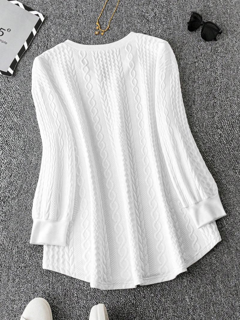 Women's Plain Jacquard Drop Shoulder V Neck Tee, Casual Long Sleeve T-Shirt for Fall & Winter, Women's Clothing for Daily Wear