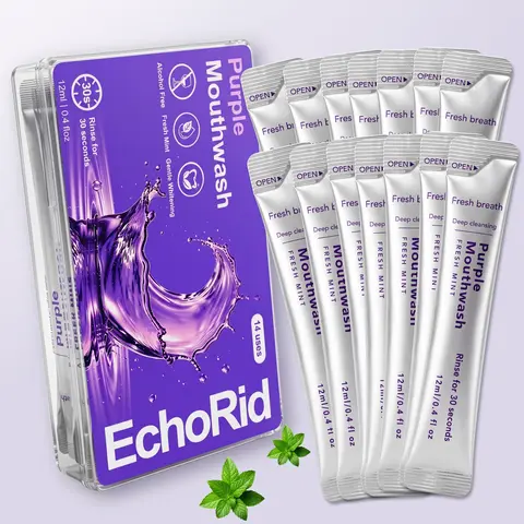 Purple mouthwash, mint flavor, vegan formula, alcohol-free and peroxide-free, neutralizes yellow stains, freshens breath and cares for the mouth, moisturizes the mouth, 14-serving portable box, suitable for daily travel