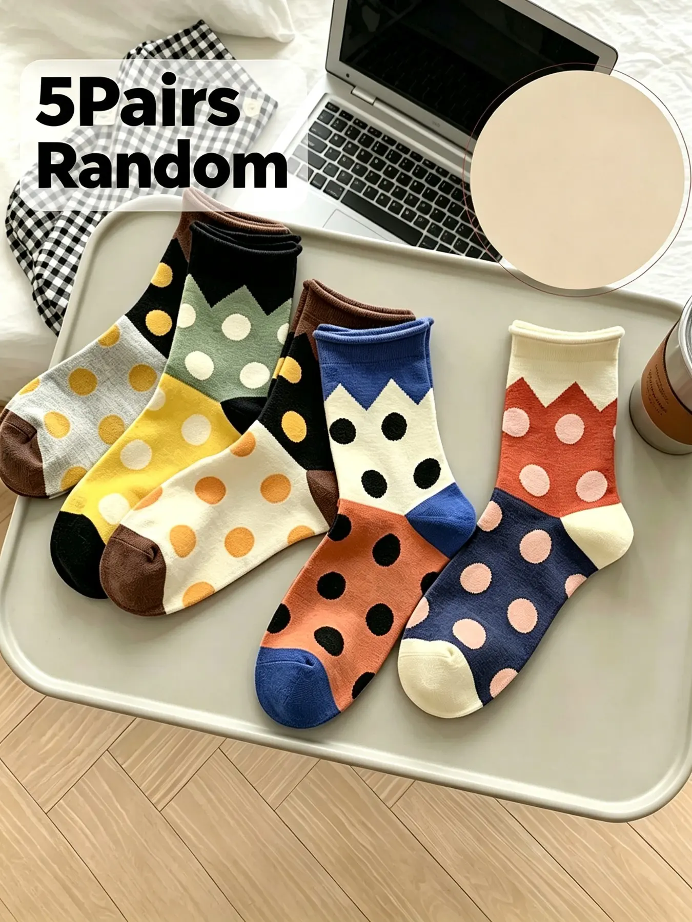 5 Pairs Random Color Block Chevron Polka Dot Crew Socks, Retro Contrast Big Dot Ribbed Stackable Mid Calf Socks, Elastic Breathable Cute Vintage Casual Socks for Teen Girls Women Campus Street Daily Loungewear Outfits