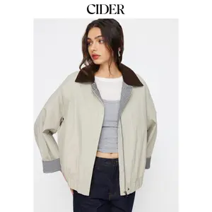 Cider Cotton-Blend Gingham Colorblock Collar Zip Through Oversized Barn Jacket SummerFinds