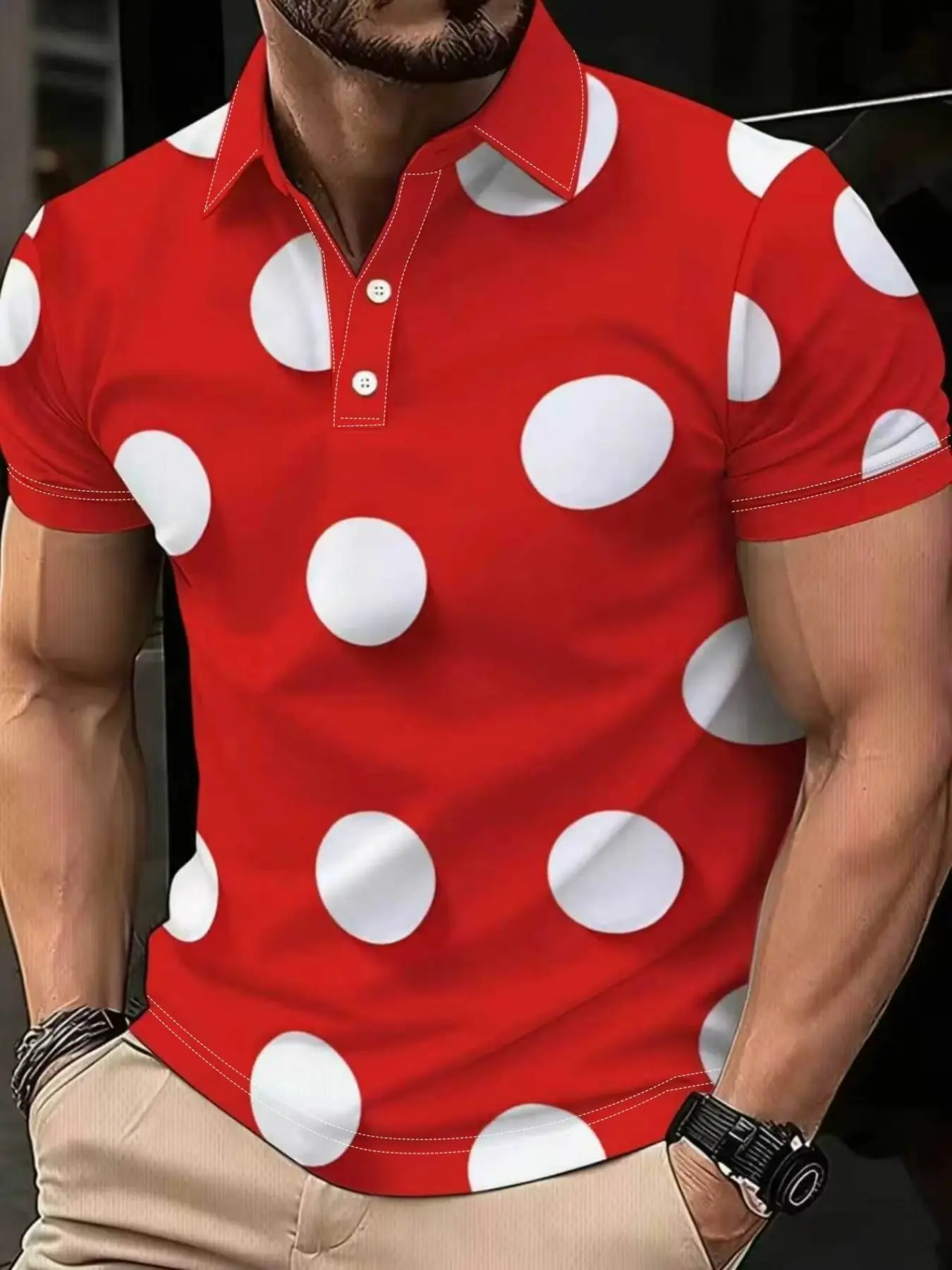 Men's Polka Dot Polo Shirt, Trendy Casual Collared, Polyester Fiber, Casual Short Sleeve, Fitted Design, Comfortable Durable, All Seasons Wear