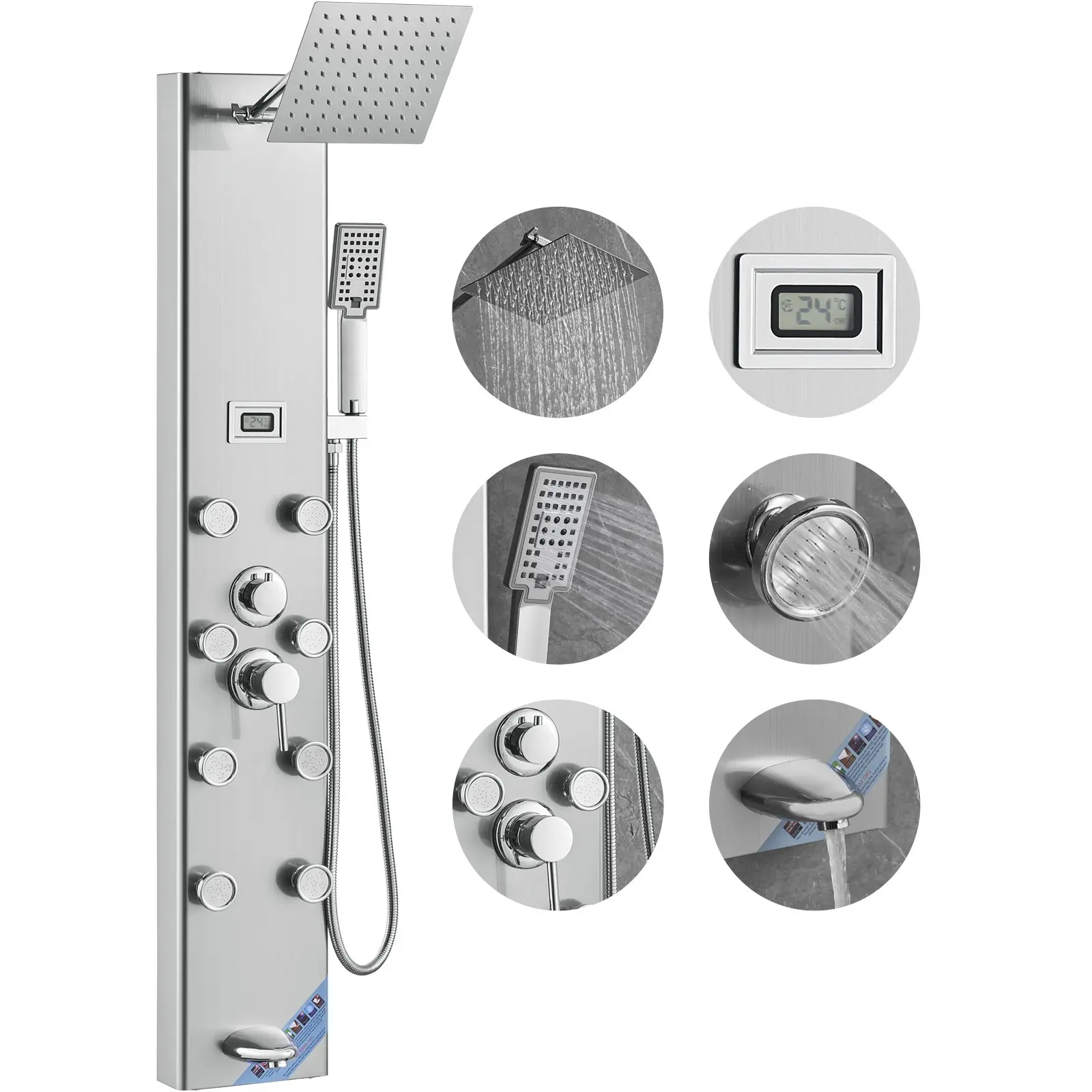 VEVOR Shower Panel System, 5 Shower Modes, Digital Display Shower Panel Tower, Rainfall, 8 Massage Jets, Tub Spout, 3-Setting Handheld Shower Head 59" Hose, Stainless Steel Wall-Mounted Shower Set