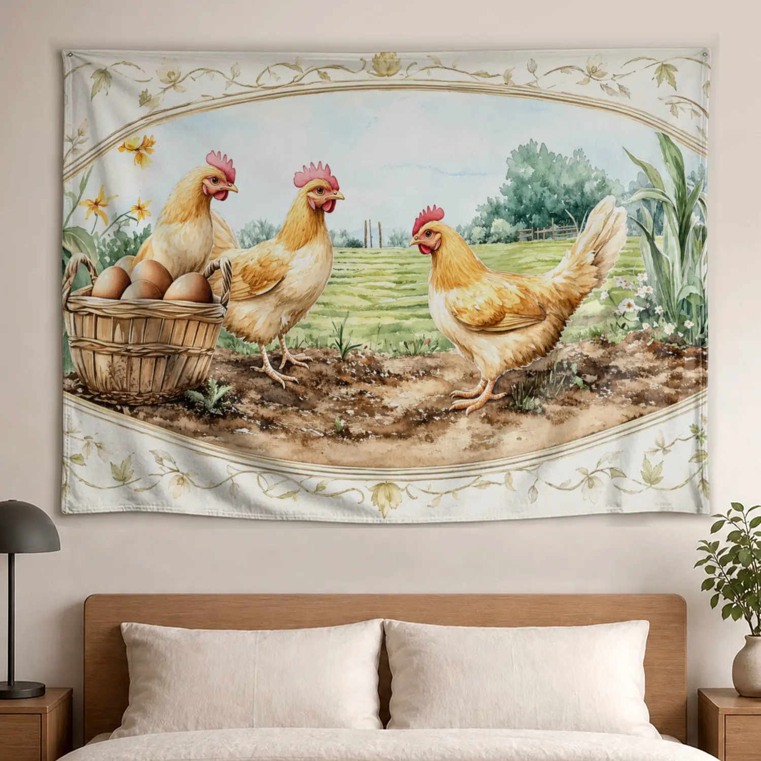 Farmhouse Chicken Basket Wall Tapestry - Large Printed Horizontal Polyester Artwork, No-Installation Wall Decor for Living Room, Room Decor Decoration, Gift Idea for Family, Colorfast