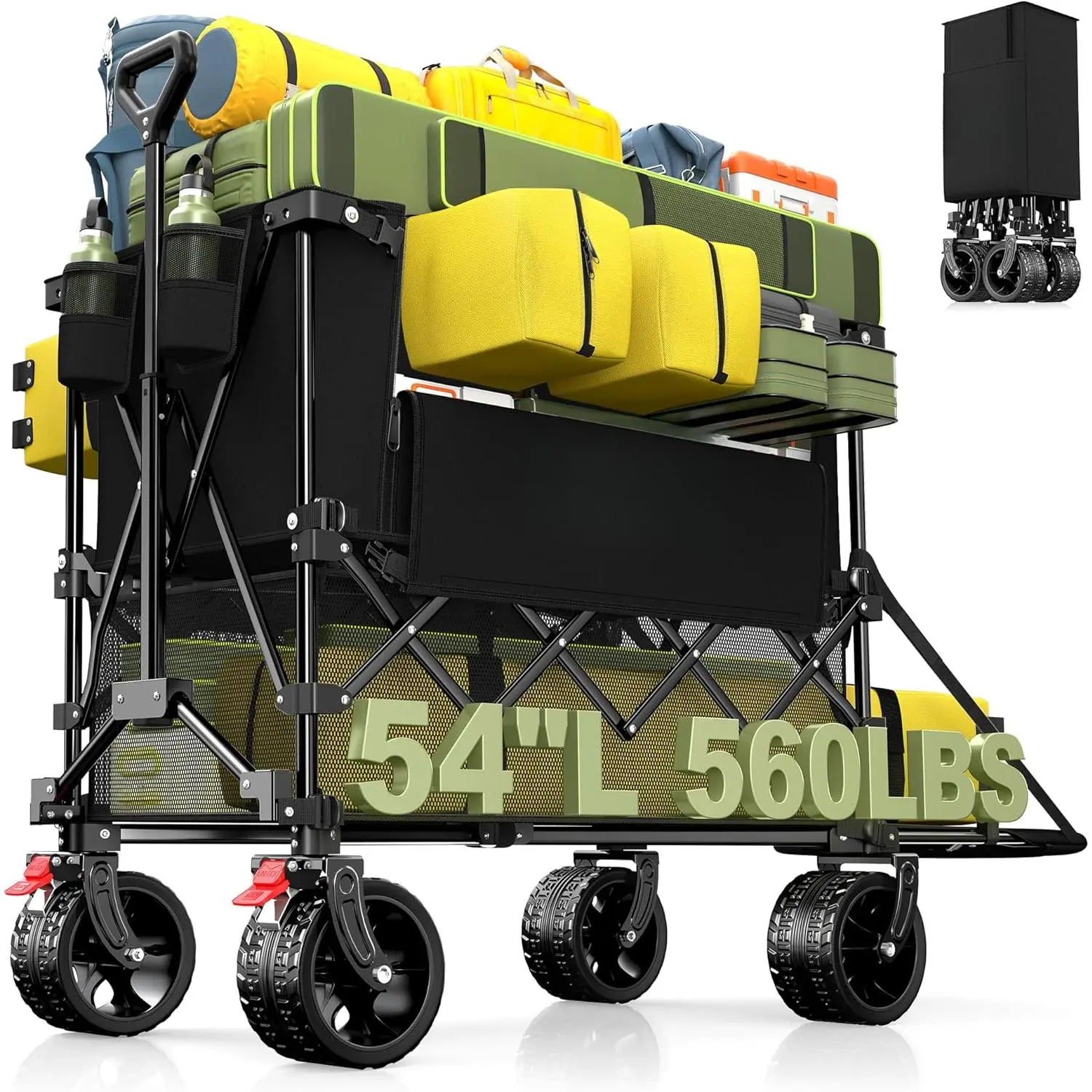 400L Double Decker Wagon with Tailgate 54'' Extra Long, 560LBS Heavy Duty Wagons Carts Foldable, Big All-Terrain Wheels with Brakes, Utility Folding Cart for Beach, Camping, Sports, Black