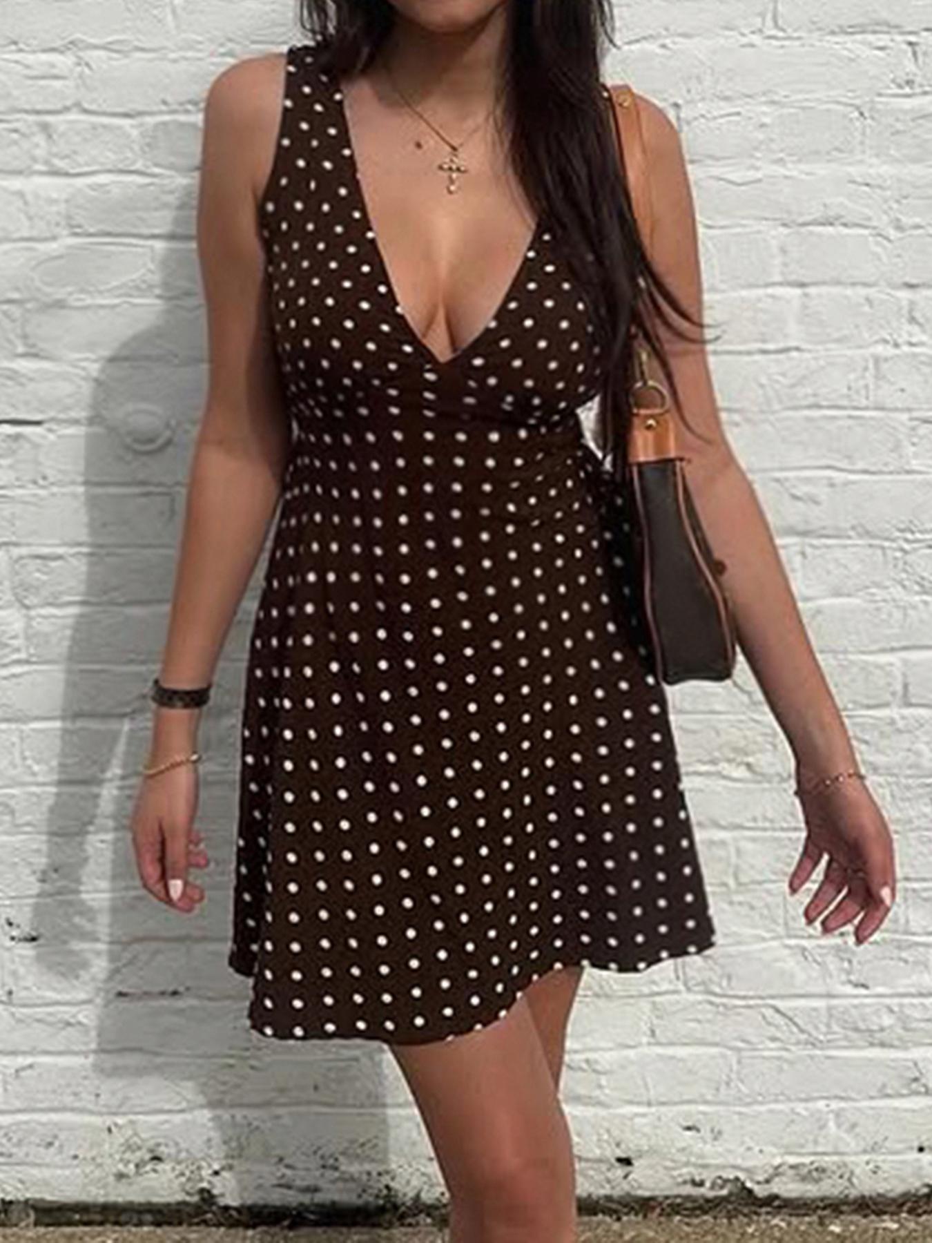 Women's Polka Dot Print V Neck Dress, Casual Sleeveless Short Dresses for Summer, Ladies Clothes for Daily Wear