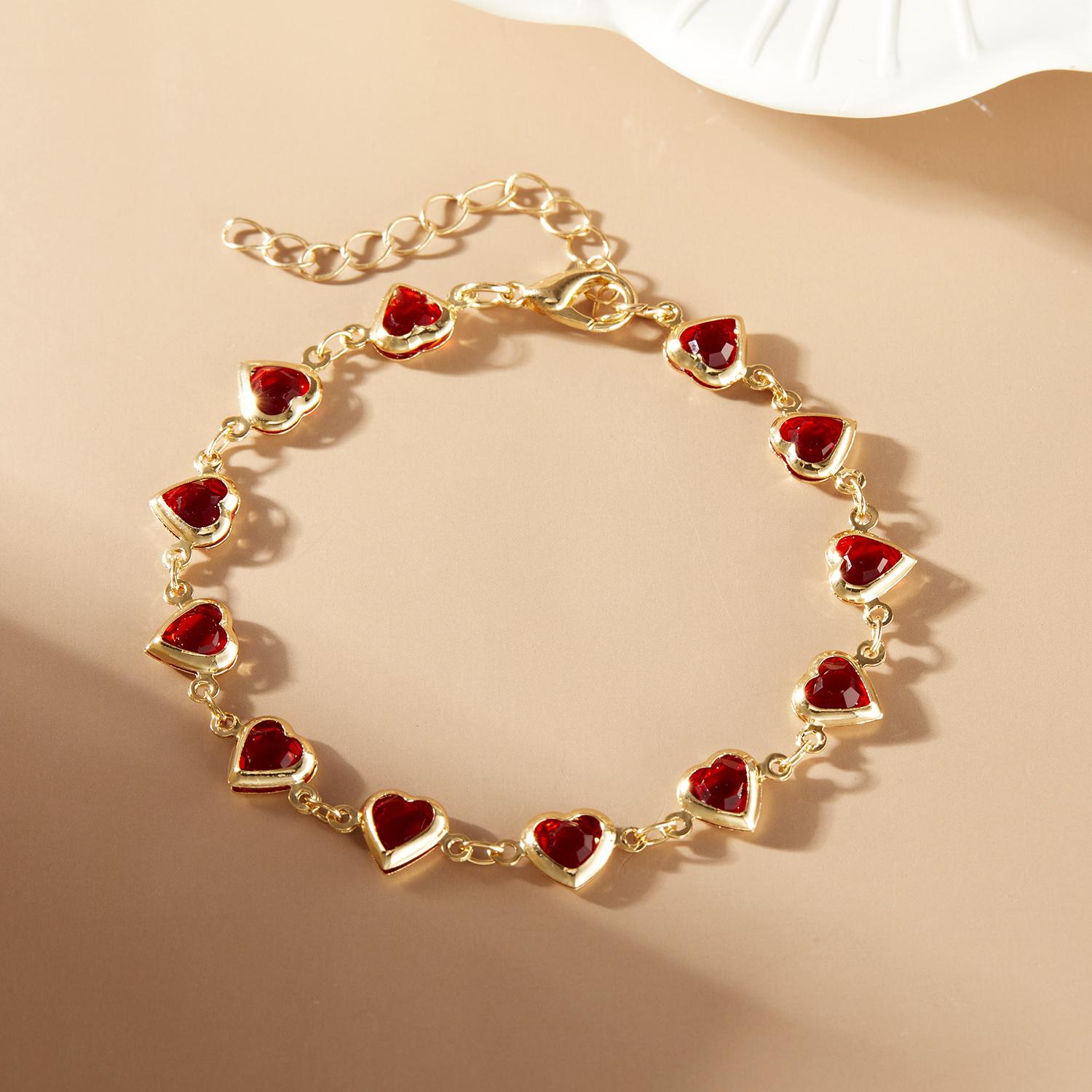 Elegant Red Crystal Zircon Metal Chain Bracelets for Women Colorful Heart Bracelets Party Wedding Girl Wrist Jewelry Gift