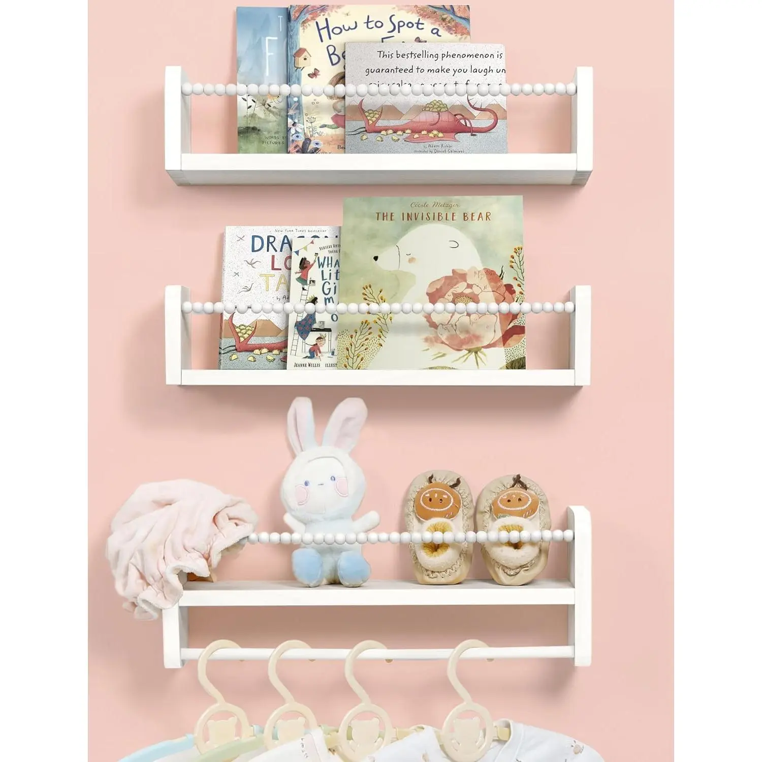 3-Piece Natural Wooden Nursery Floating Bookshelf Organiser with Hanging Bar, Wall-Mount Storage for Kids Room Decor, Bohemian Ideal Gift (White), Floating Shelves