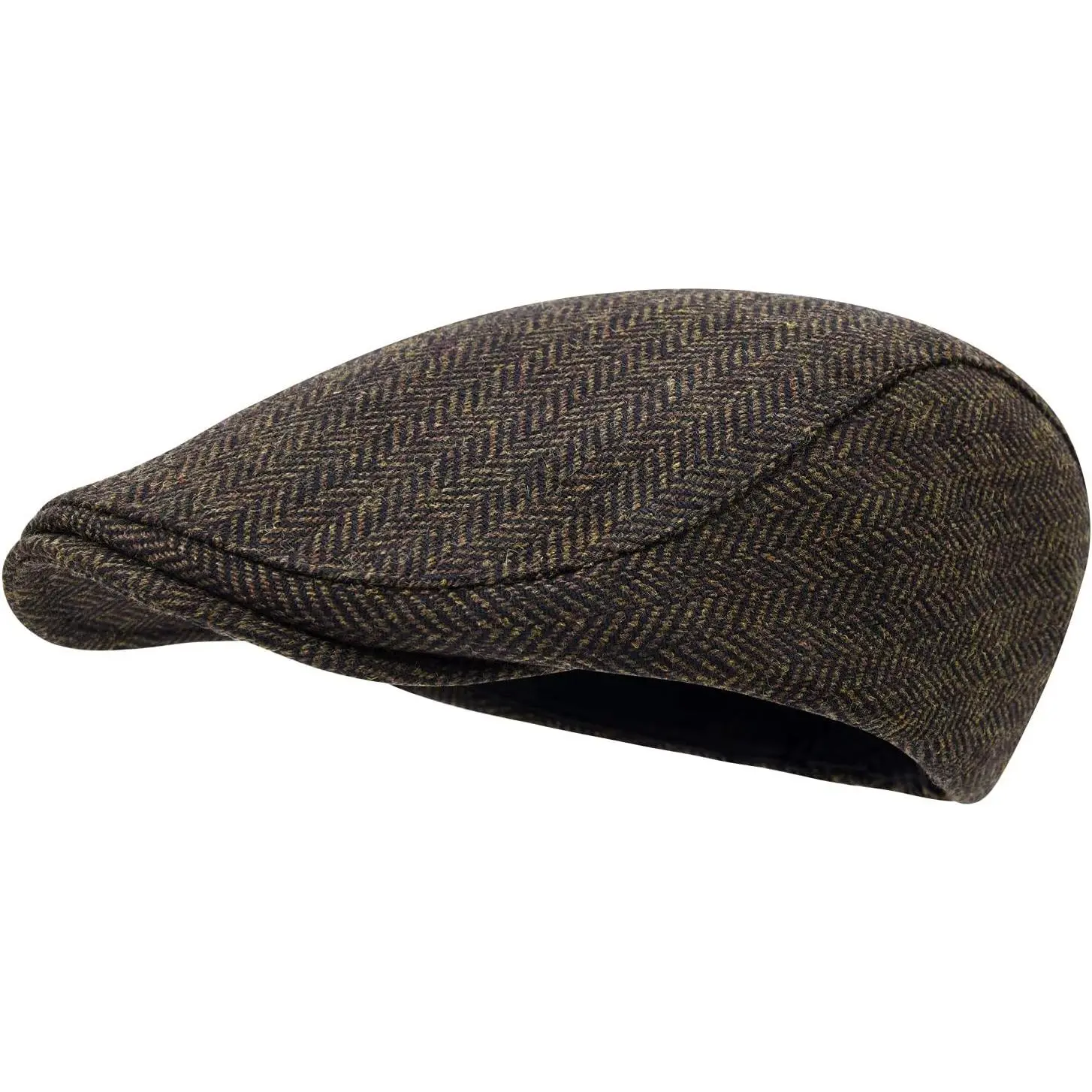 Male Flat Top Driving Cap, Men's Wool Tweed Herringbone Coffee Irish Newsboy Hat