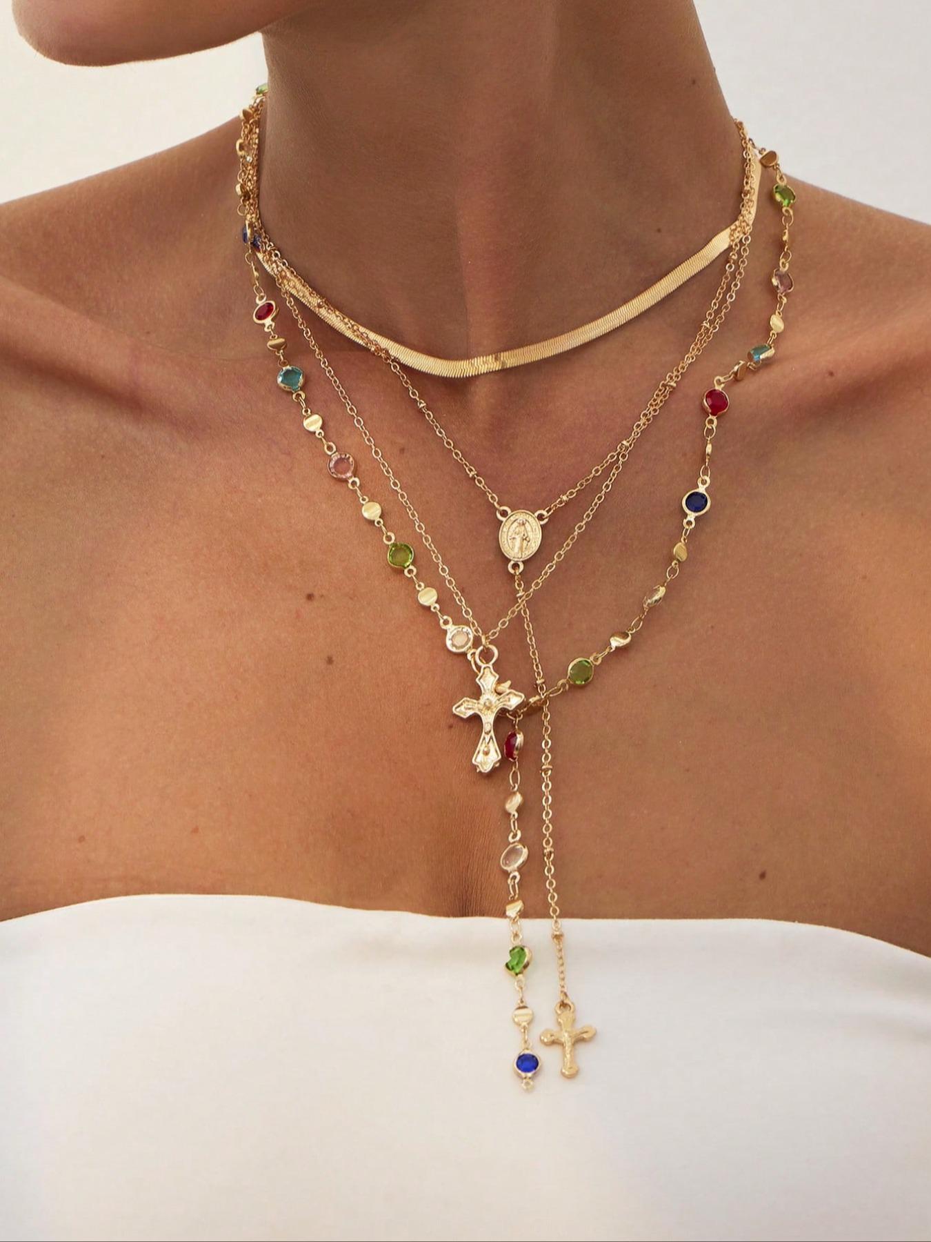 4 Piece Vintage Metal Jesus Cross Y-Style Long Necklace Set, Stunning Bohemian Colorful Crystal Pendant for Women, Perfect for Everyday and Vacation Wear, Layered Necklaces