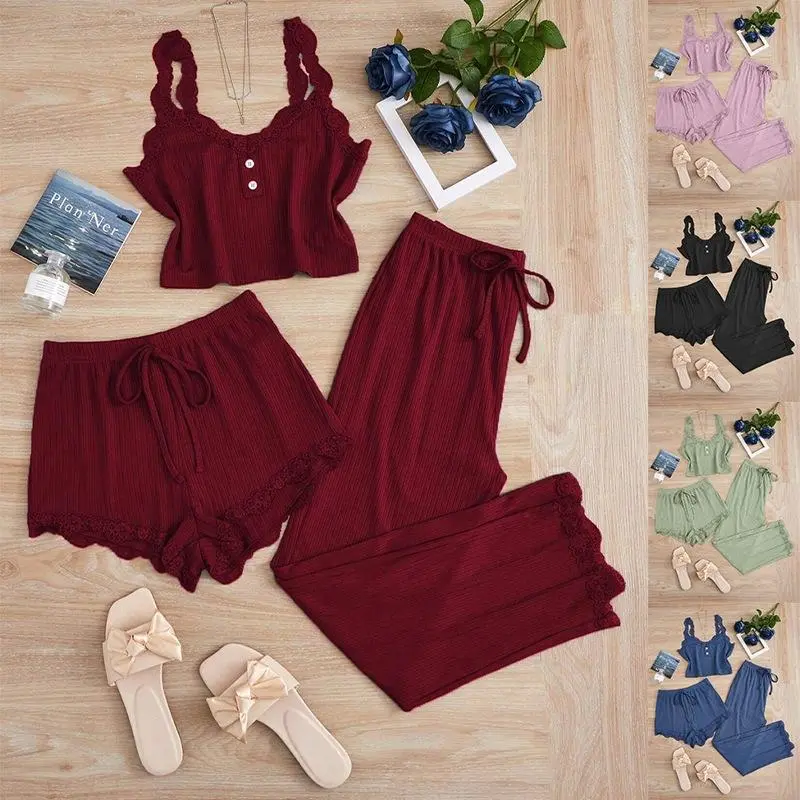 Women Lace Trim Cami Pajama Set 3 Pieces, Ribbed Knit Sleeveless Spaghetti Strap Top, Shorts & Long Pants, Soft Loungewear Sleepwear Set Multiple Colors