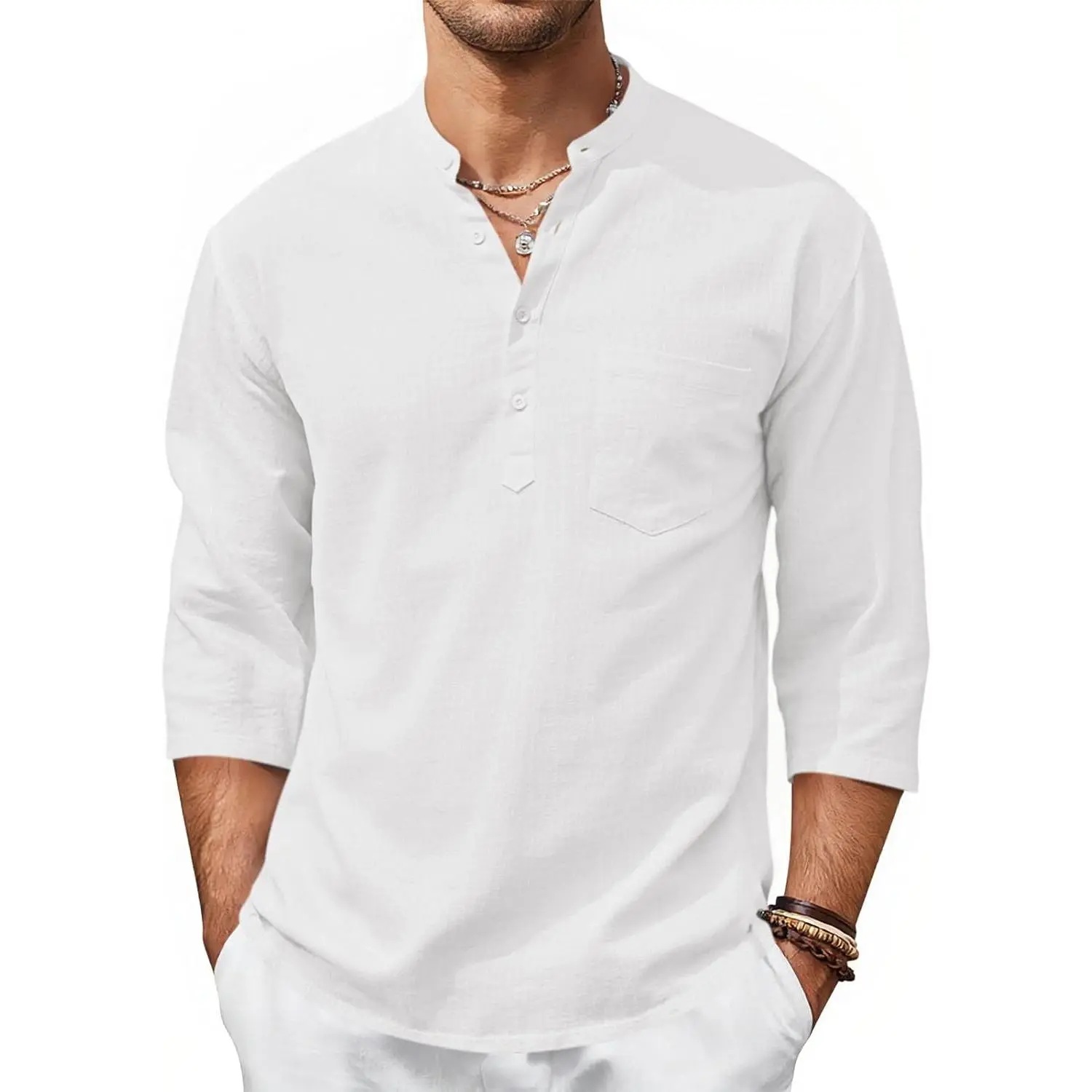 Runcati Mens Casual Henley Shirts 3/4 Sleeve Band Collar Cotton Linen Shirt Summer Beach Hippie T-Shirts with Pocket