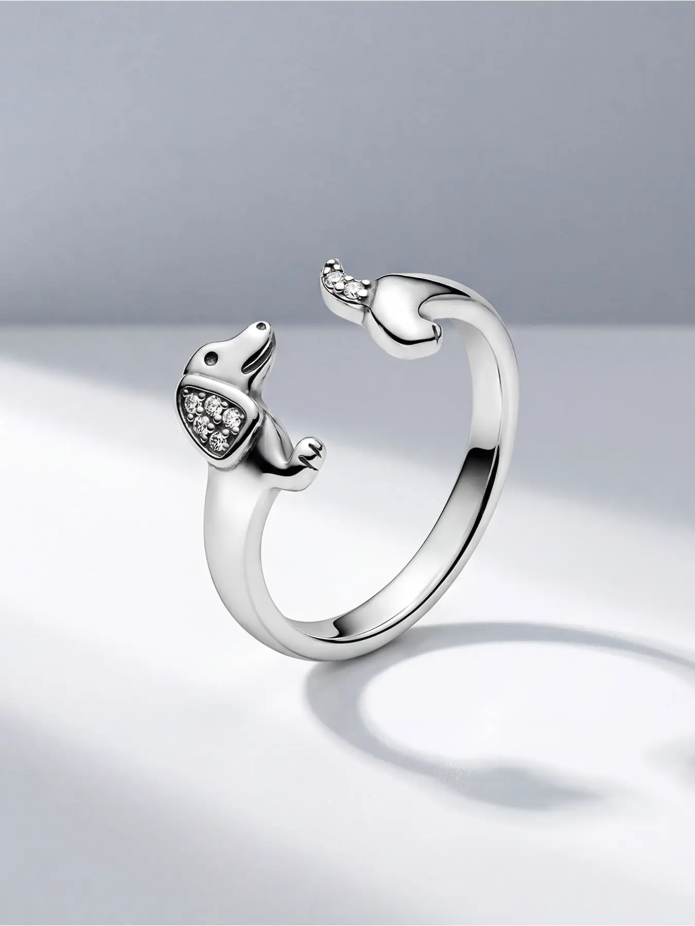 Delicate Dachshund Open Ring in Silver Plating, Featuring Sparkling Zircon Details, Perfect for Daily Wear or Gifting