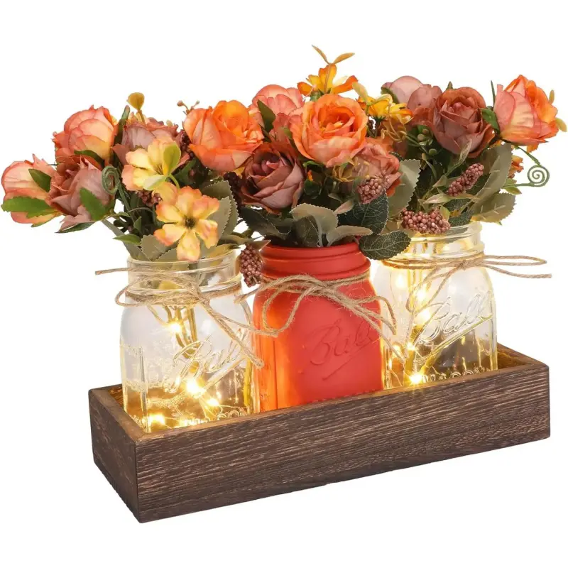Jar Table Centerpiece Decor with Lights, Wood Tray & 3 Artificial - Farmhouse Table Decor for Dining Room, Living Room, Kitchen, Coffee Table​