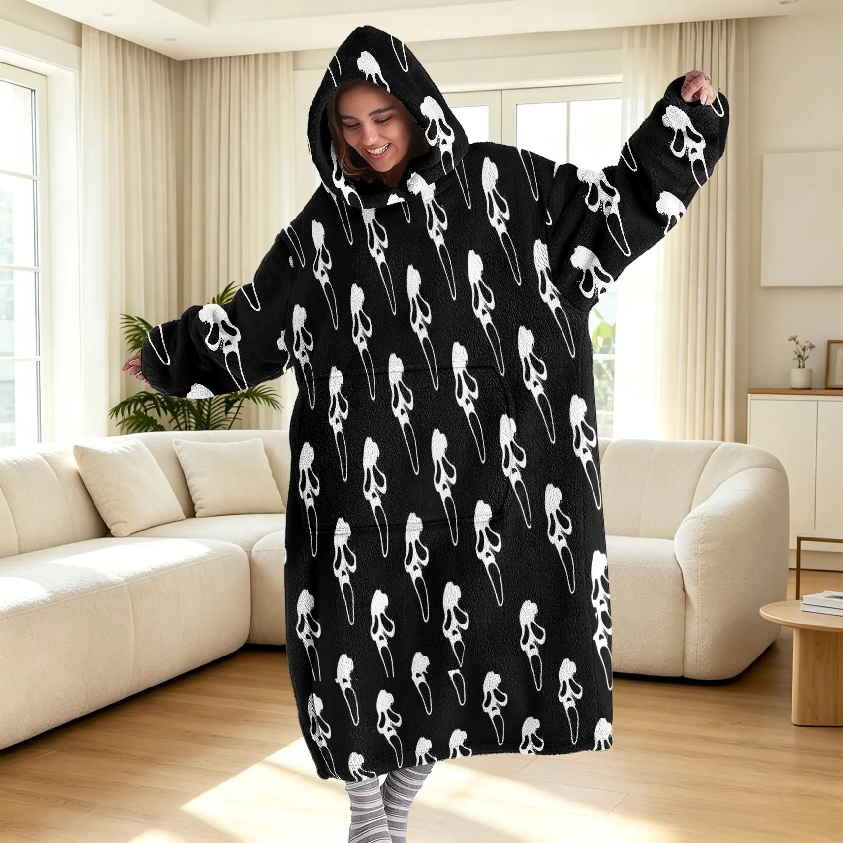 Ghost Face Hoodie Blanket with Dark Minimal Street Style and Matte Digital Print, Cozy Oversized Wearable Blanket for Men and Women, Perfect for Gaming, Dorms, Office, and Gift