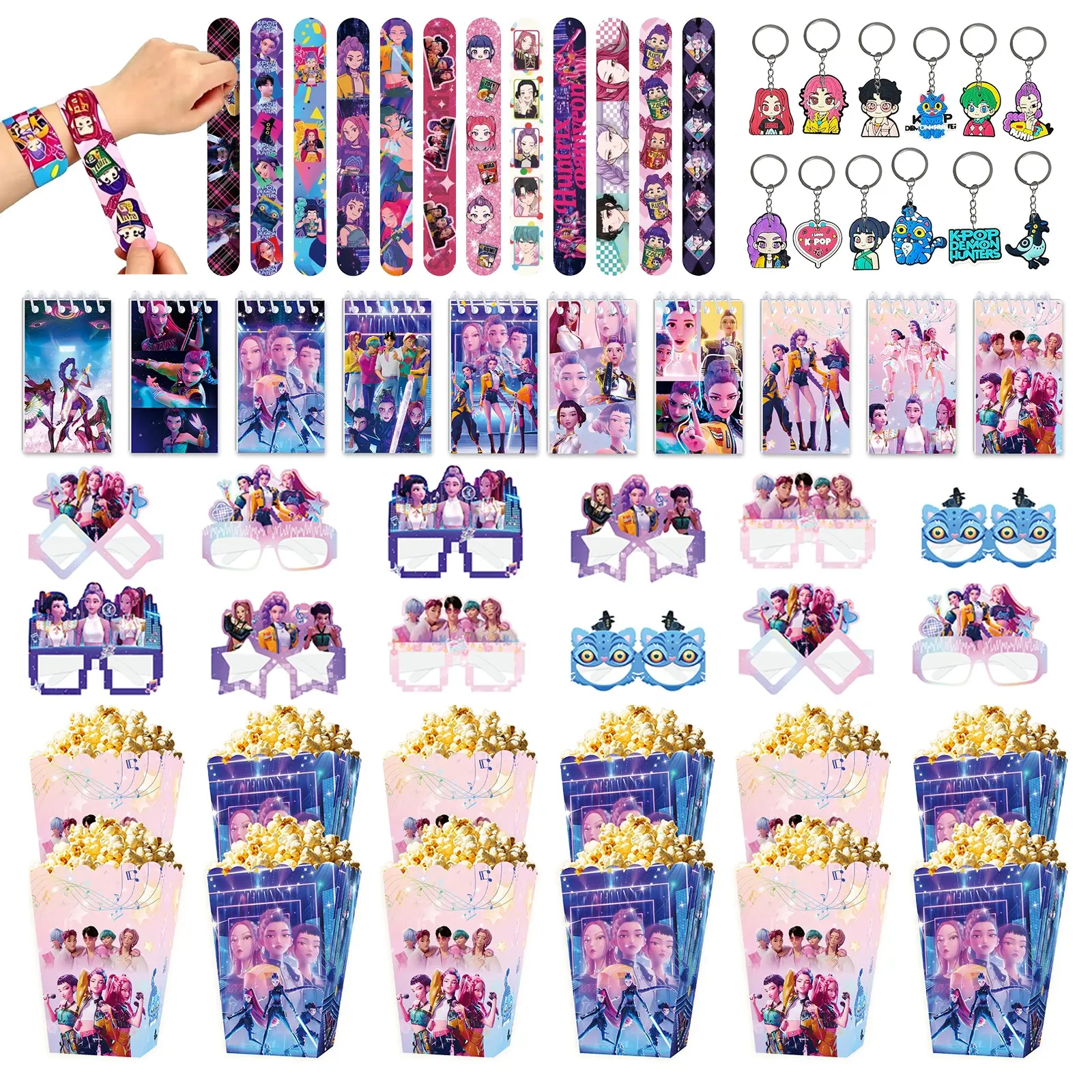 5 K-pop cartoon girl group party gift sets, including 12 cartoon keychains, 12 cartoon wristbands, 12 popcorn snack boxes, 12 decorative glasses, and 10 cartoon notebooks. This is the perfect choice as a party favor.