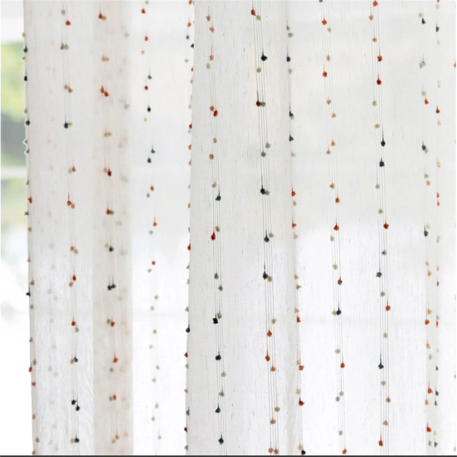 Faux Linen Colorful Pom Pom Sheer Curtains Light Filtering Voile Drapes | Embroidered Rod Pocket Window Curtain  Window  For Playroom/Bedroom 2 Panels(W55 X L94 Inch,White)