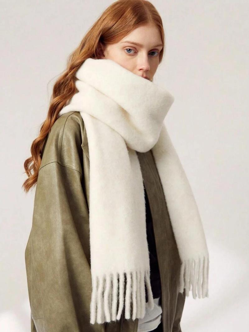 Solid Color Tassel Decor Fluffy Soft Scarf, Elegant Thickened Shawl for Women & Men, Fashion Accessories for Fall & Winter