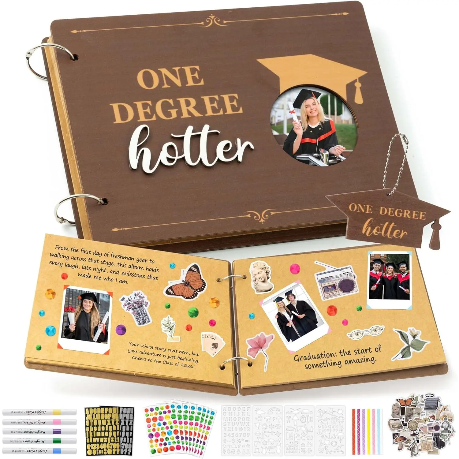Graduation Photo Album Scrapbook - 30Page   Hotter Wooden Graduation Scrapbook Craft Kit School Day Memory Book DIY Class 2026 Graduate  Album  for College Senior Grad