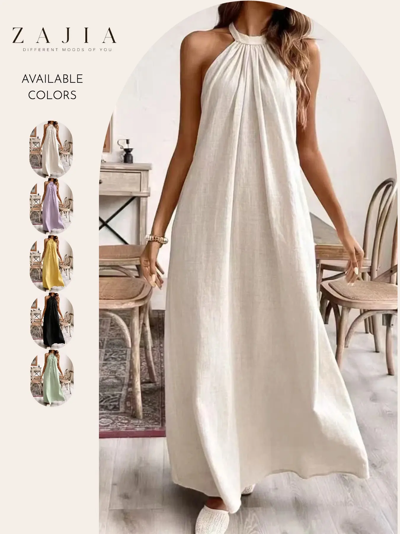 Women’s Halter Neck Maxi Dress, Sleeveless Flowy Long Dress, Casual Loose a Line Bohemian Sundress, Boho Beach Vacation Resort Wear, Summer Cotton Linen Dress