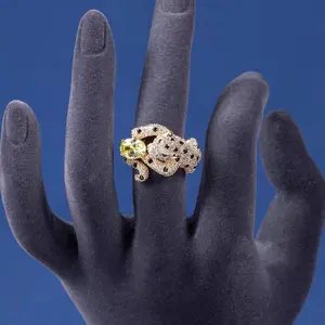 Vintage Black Panther Peridot Cocktail Ring with Crystal Inlay and Black Spotted Leopard Pattern