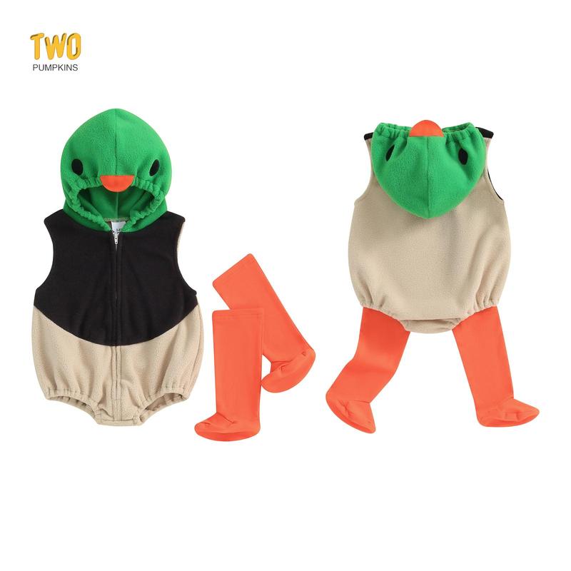 Baby Duck Costume, Sleeveless Hooded Zipper Closure Romper with Leg Warmers Halloween Cosplay Costume