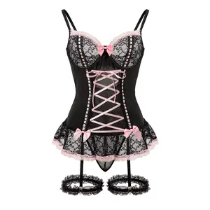 Women's 4 Piece Sets Floral Lace Up Valentine's Day Lingerie Garter Set Bowknot Ruffle Lace Corset Top Adjustable Straps Cute Nightwear