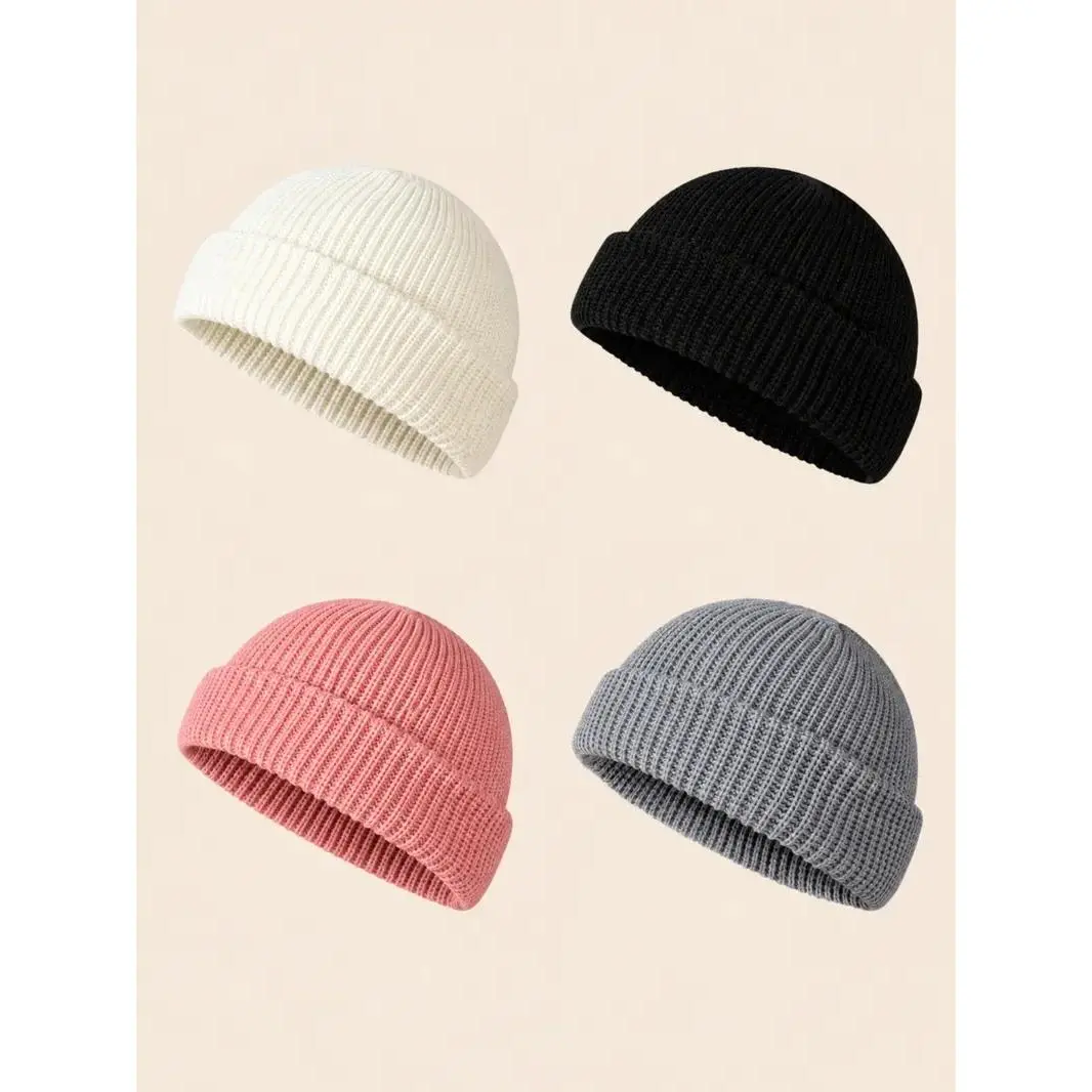 4-Pack Men's Solid Color Winter Knit Beanies - Classic Slouchy Cuffed Skull Cap Hat Set, Thermal Stretchy Cold Weather Outdoor Sports Headwear