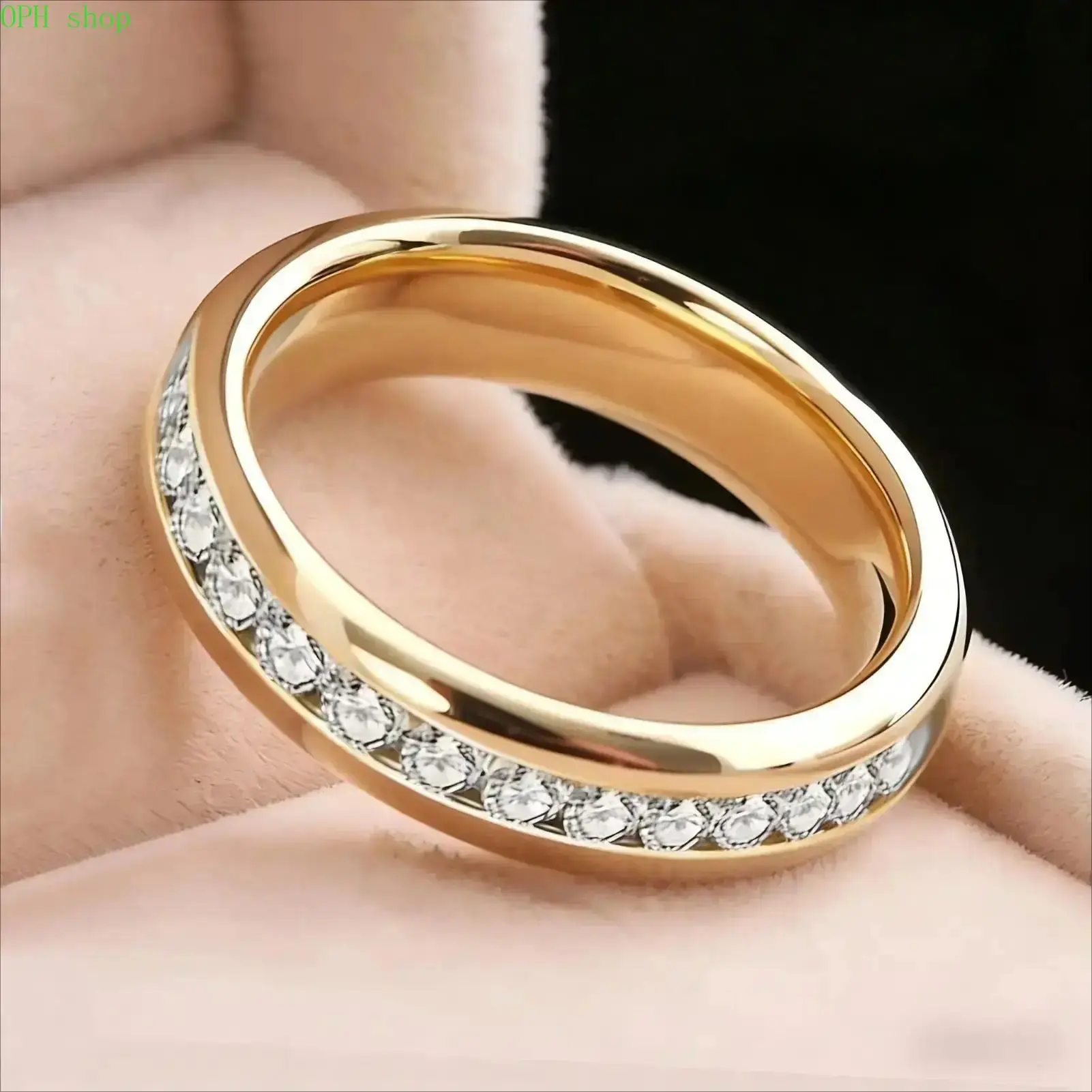 Unisex 4mm Titanium Steel 18K Gold-Plated Full CZ Eternity Ring, Stackable Minimalist Jewelry for Wedding, Anniversary & Gift Giving