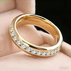 Unisex 4mm Titanium Steel 18K Gold-Plated Full CZ Eternity Ring, Stackable Minimalist Jewelry for Wedding, Anniversary & Gift Giving