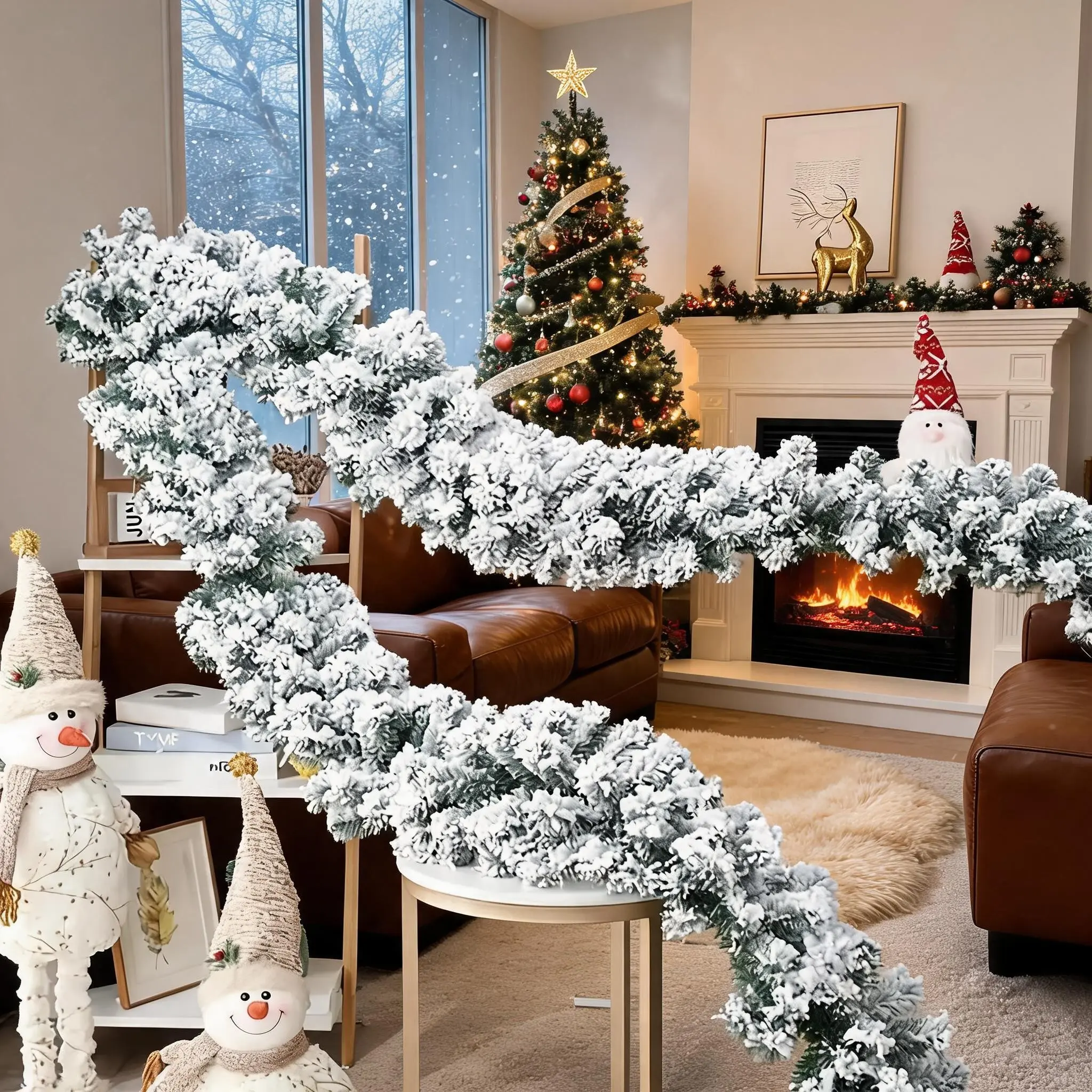 1 PC 2.7m/9ft Christmas Flocked Snowflake Ring, 200 Pine Branches Design, Table, Wall, Fireplace, Door Decor, Holiday Party Decoration