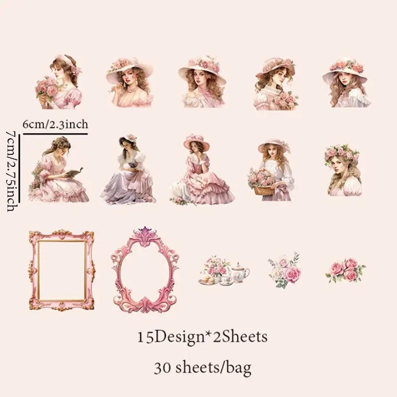 Vintage Girl Pattern Stickers, 30 Sheets/Pack PET Waterproof Self Adhesive Material Sticker, Scrapbook Decorative Stickers