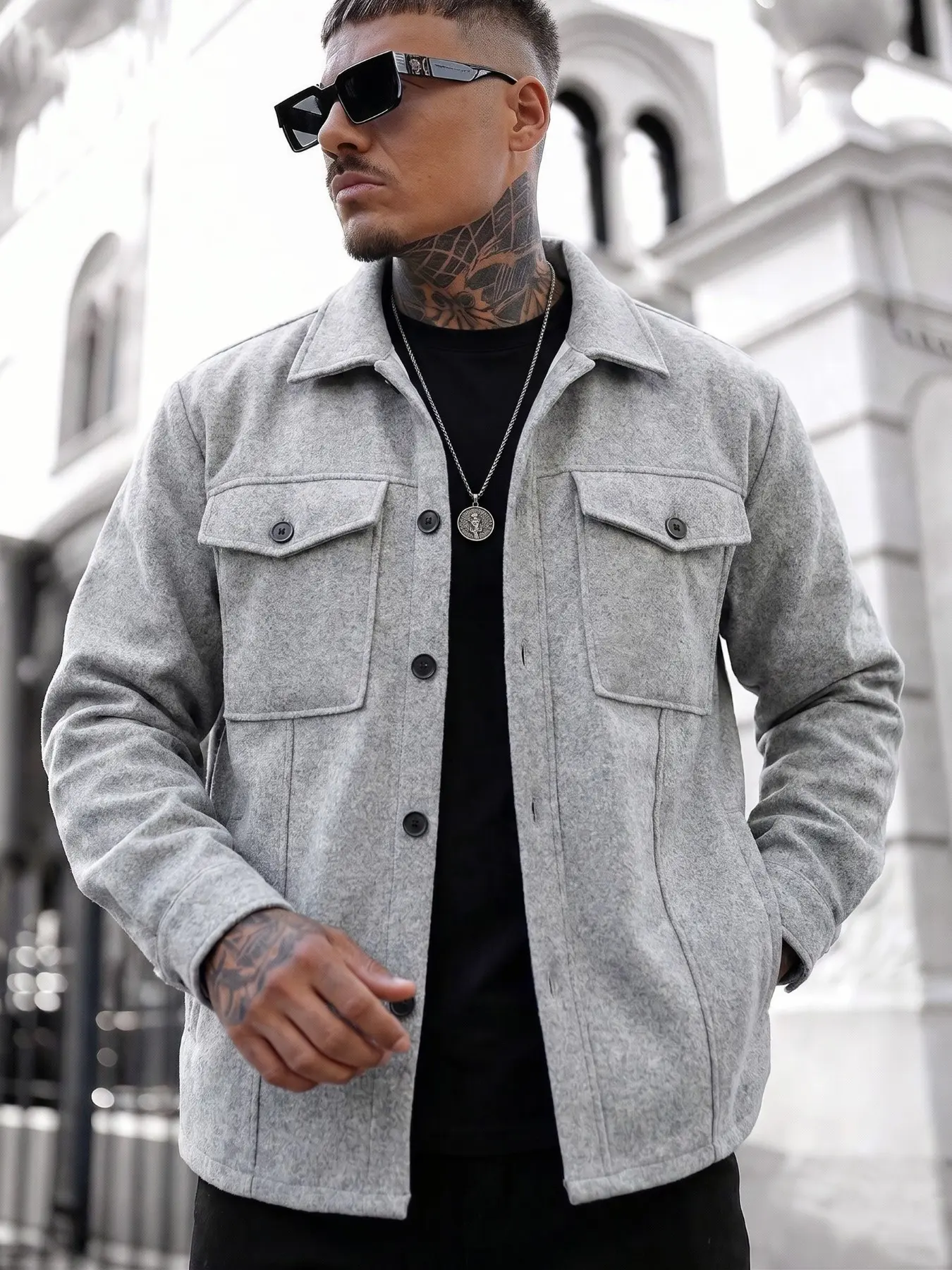 Men's Heather Gray Lapel Collar Button Down Wool Blend Shacket Jacket, Double Chest Flap Pockets Long Sleeve Loose Regular Fit Casual Overshirt Coat For Fall Winter Daily Street Work Wear