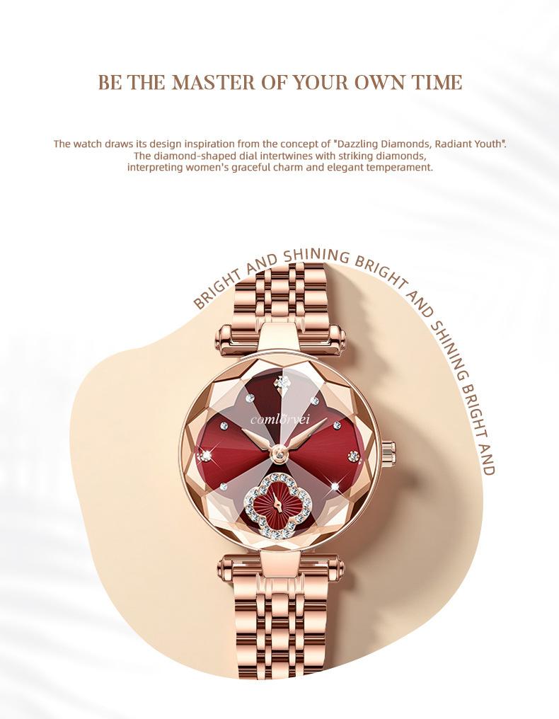 Women's Luxury Rose Gold Quartz Watch - Red Clover Dial with Crystal Accents, Diamond Flower Detail, Stainless Steel Band, Elegant Dress Wristwatch, Perfect Gift for Her