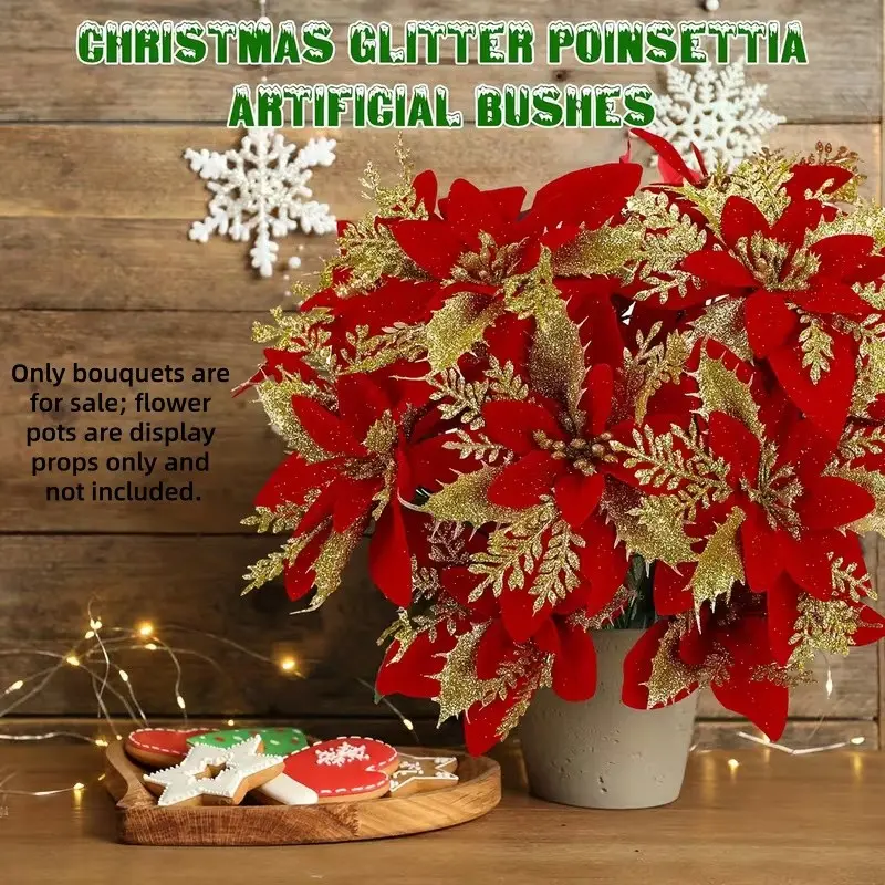 5pcs -Gold Glitter Red Artificial Poinsettia Bouquet, Fake Christmas Velvet Flowers, Indoor Outdoor Table Centerpiece, Holiday Home Party Decor