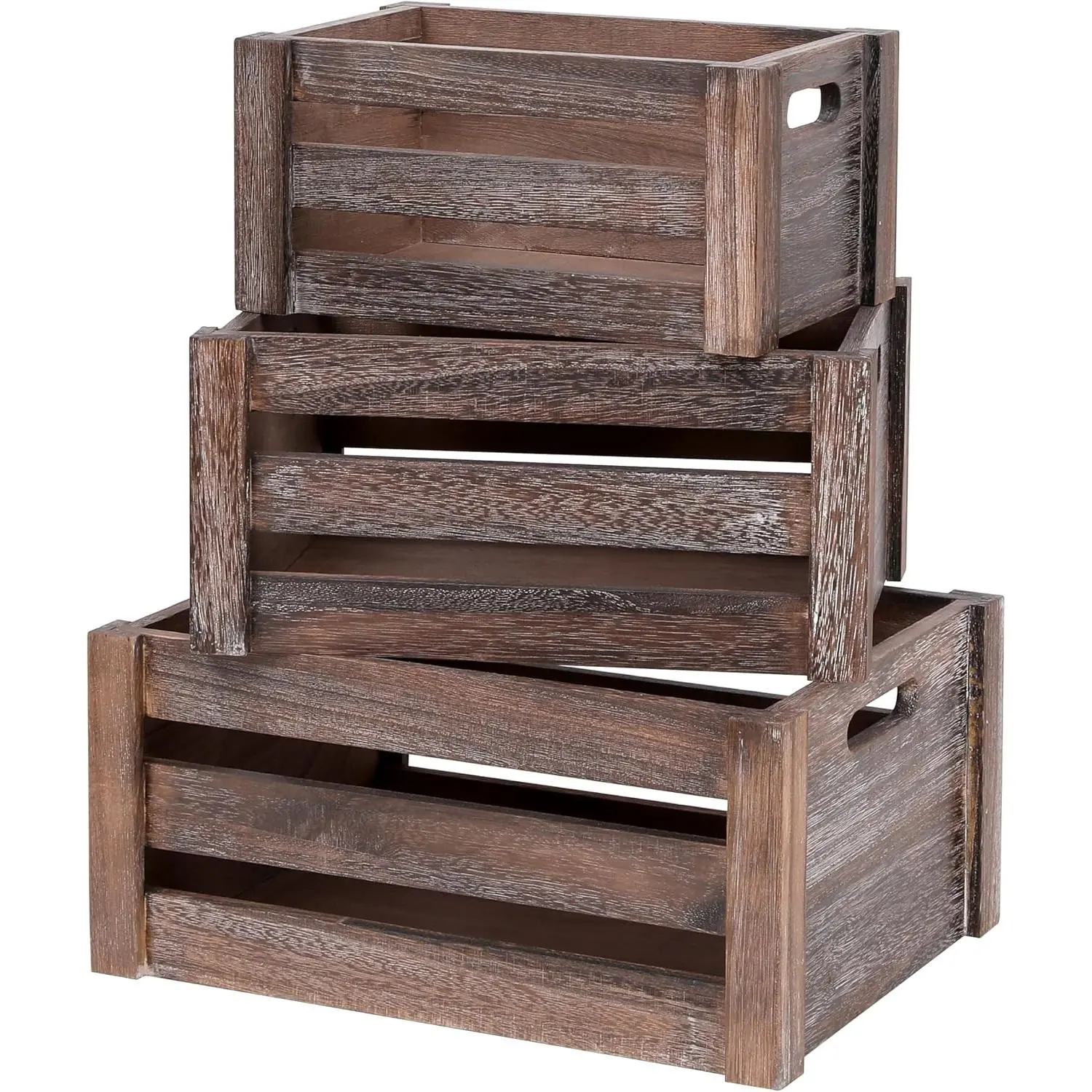 Large Vintage Rustic Brown Solid Wooden Crates Set of 3, Handmade Wood Crates with Handles, Rustic Decorative Solid Wood Boxes for Storage or Display