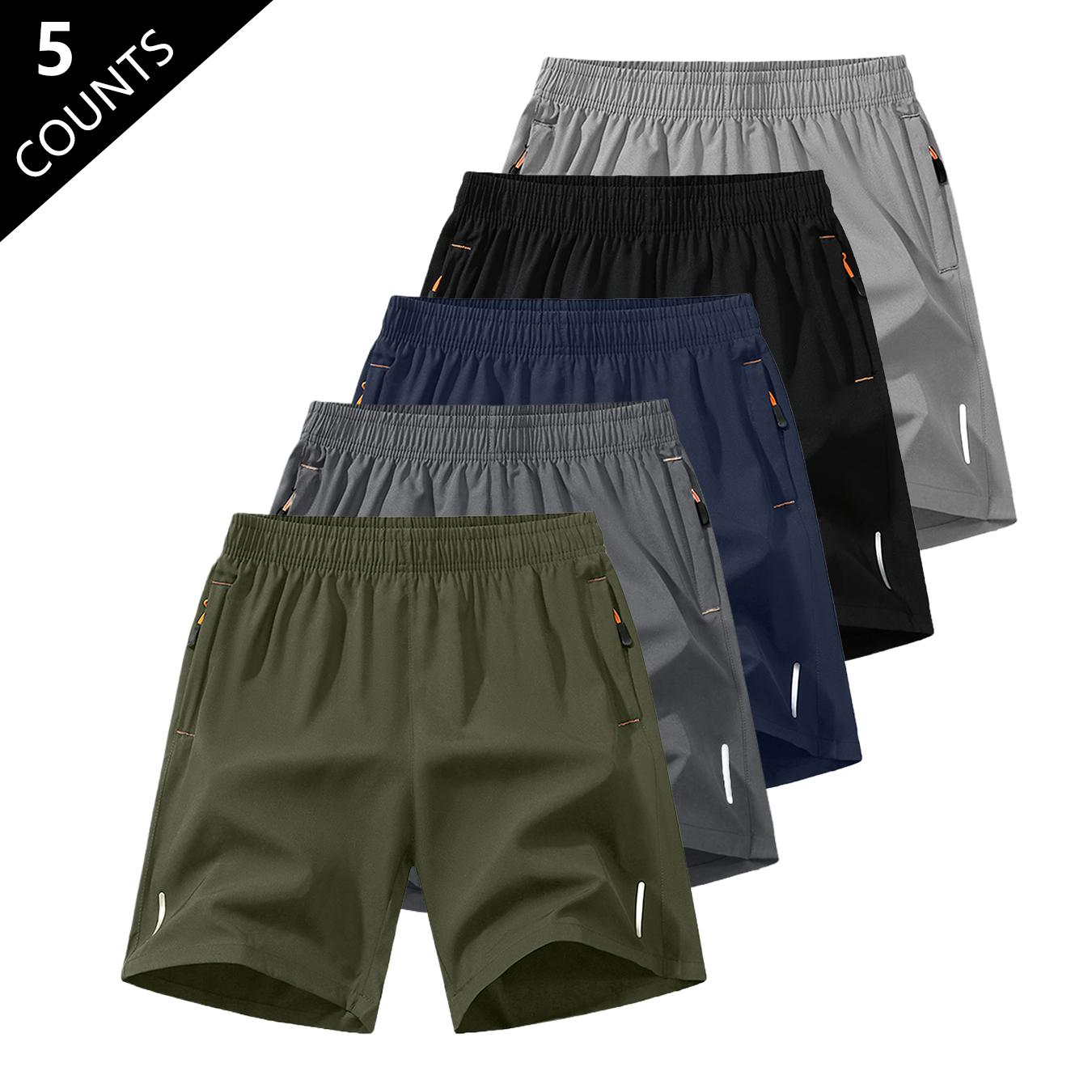 5-Pack, Men's Solid Color Zipper Pocket Shorts - Summer Casual Comfortable Breathable Three-Quarter Pants, Men's Everyday Bottoms, Tropical Beige, 5-Pack Men's Casual Breathable Shorts  Breathable Solid Color Zipper Shorts Menswear Plain SpringStatements