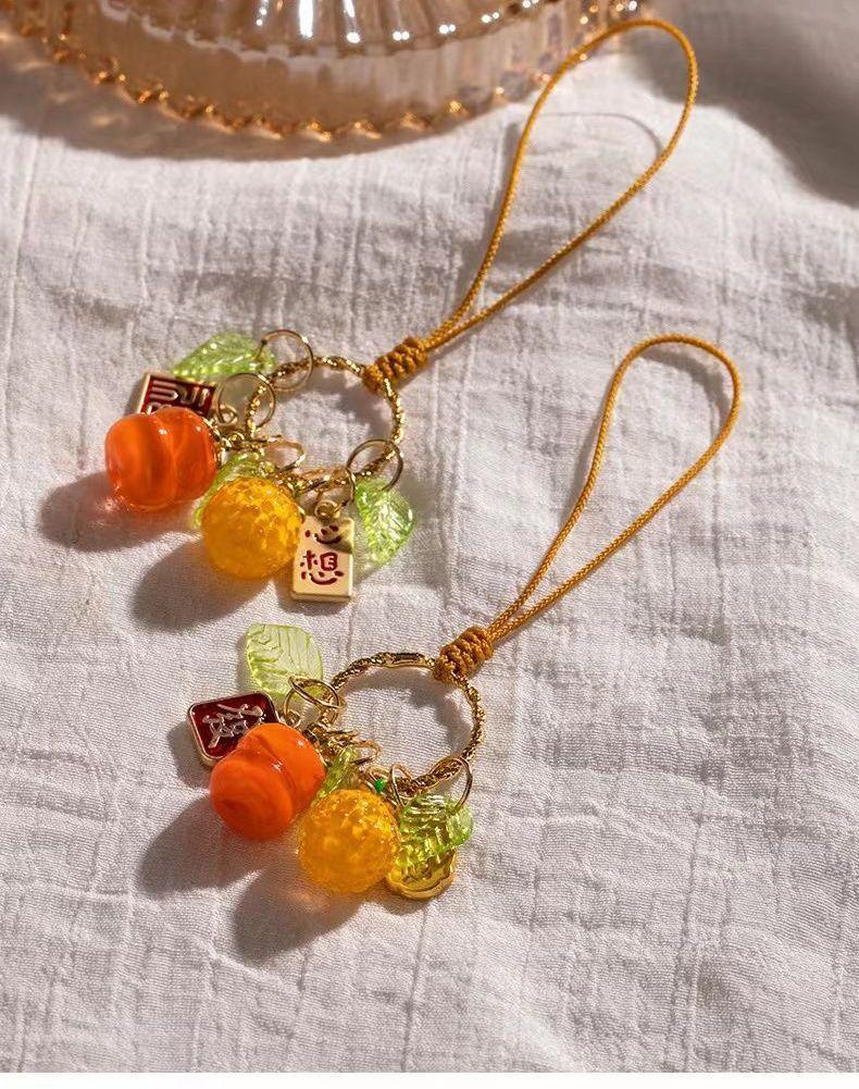 Chinese Good-luck Sayings Style Phone Charm Strap Cute Orange Persimmon Phone Rope Pendant Keychain for IPhone 16