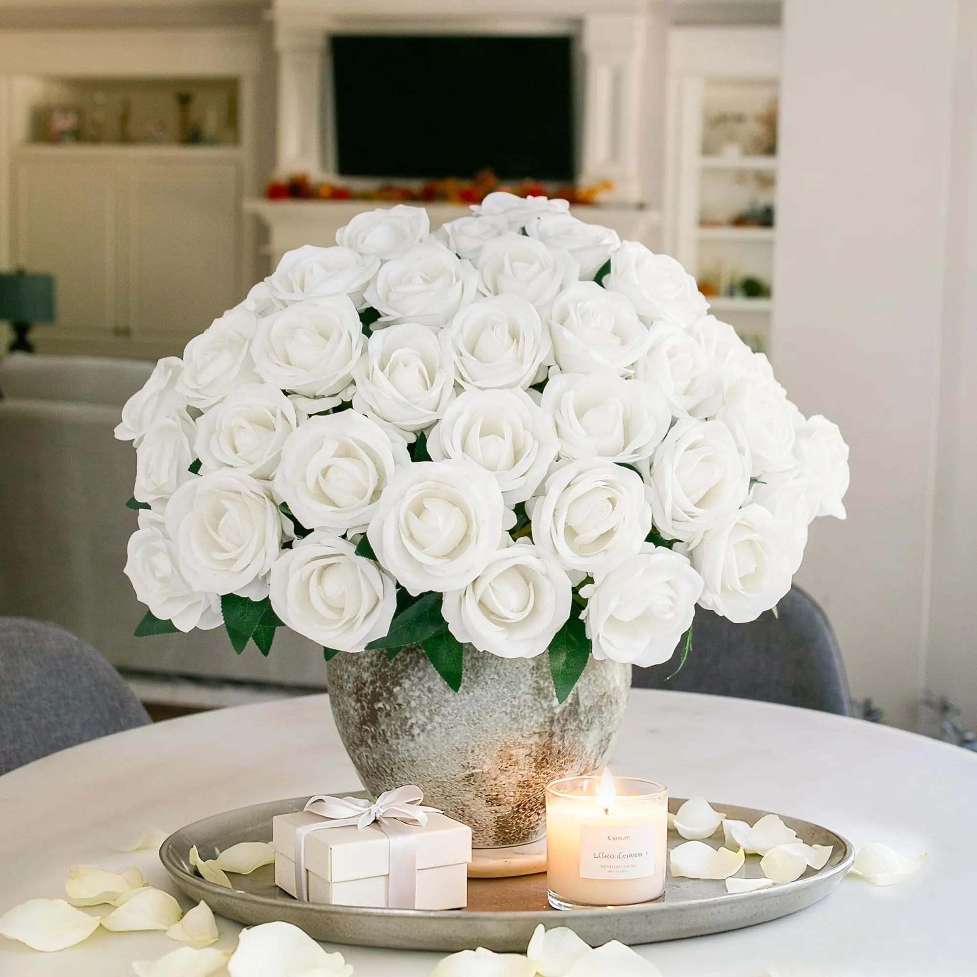 Hyeflora 50 Rose Artificial Flowers, Fake Roses with Stems, Realistic Silk Roses for DIY Wedding Bouquets, Table Centerpieces, Party Decorations