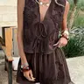 Women's V Neck Lace-Up Sleeveless Crop Top & Shorts Set, Casual Loose Fit Plain Design, Daily Wear Two Piece Outfit