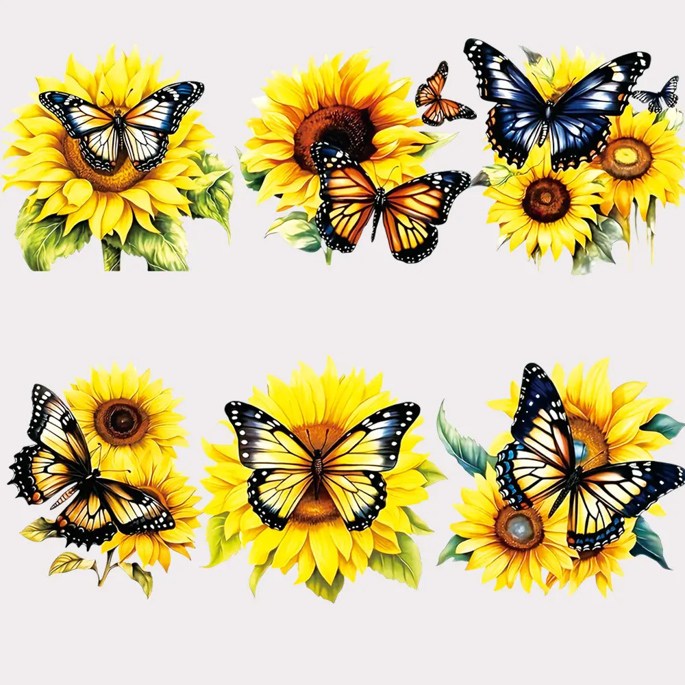 6-piece set of sunflower and butterfly heat transfer stickers, heat transfer DIY decorative stickers, ironable and washable, clothes T-shirt backpack patch stickers, clothing accessories decorative stickers, DIY Craft Embellishments, Craft Supplies